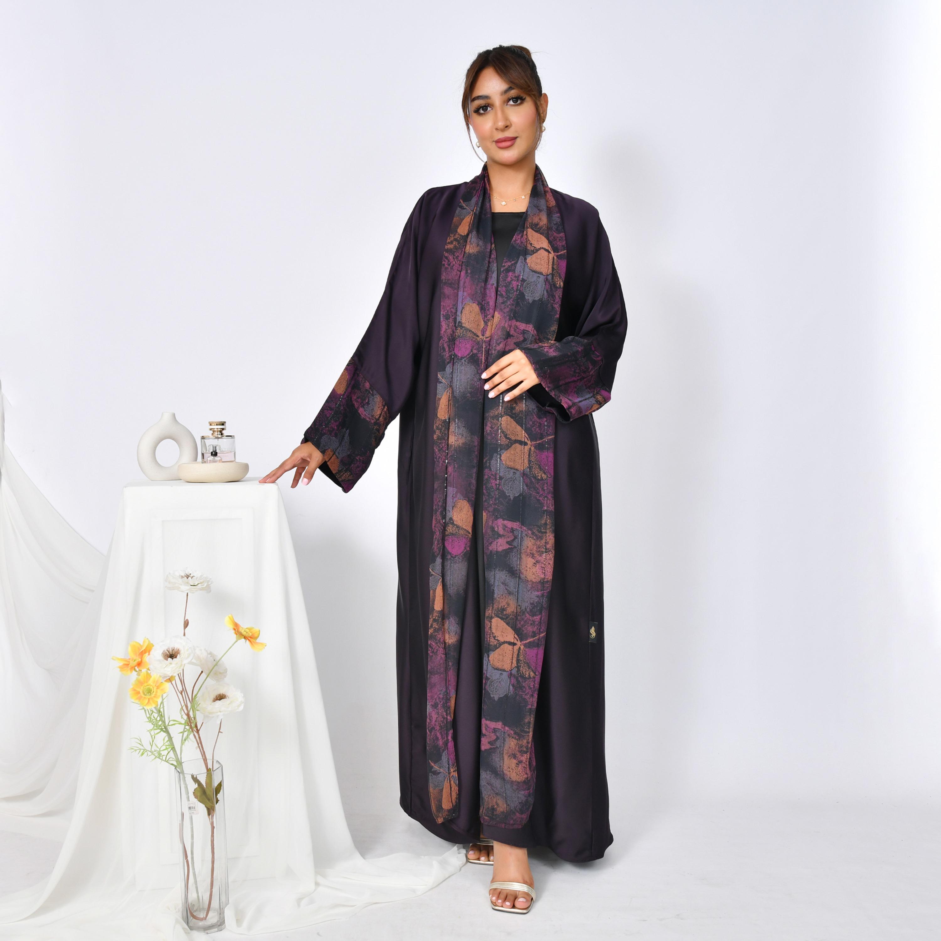 Hawraa Abaya Purple Printed Panel Wide Sleeves Linen Women's Flared Abaya-women-arabicclothing-abayas-image-1