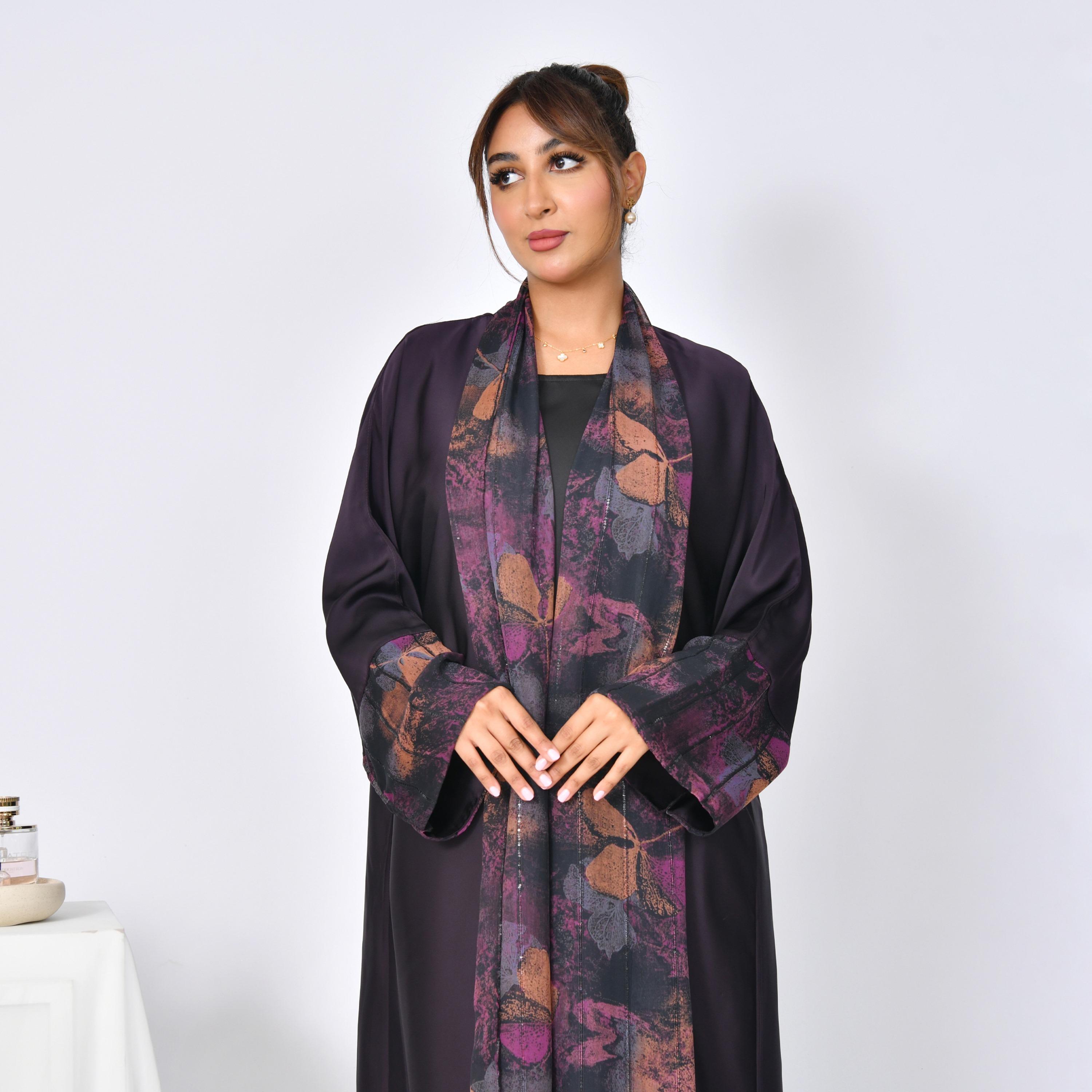 Hawraa Abaya Purple Printed Panel Wide Sleeves Linen Women's Flared Abaya-women-arabicclothing-abayas-image-2