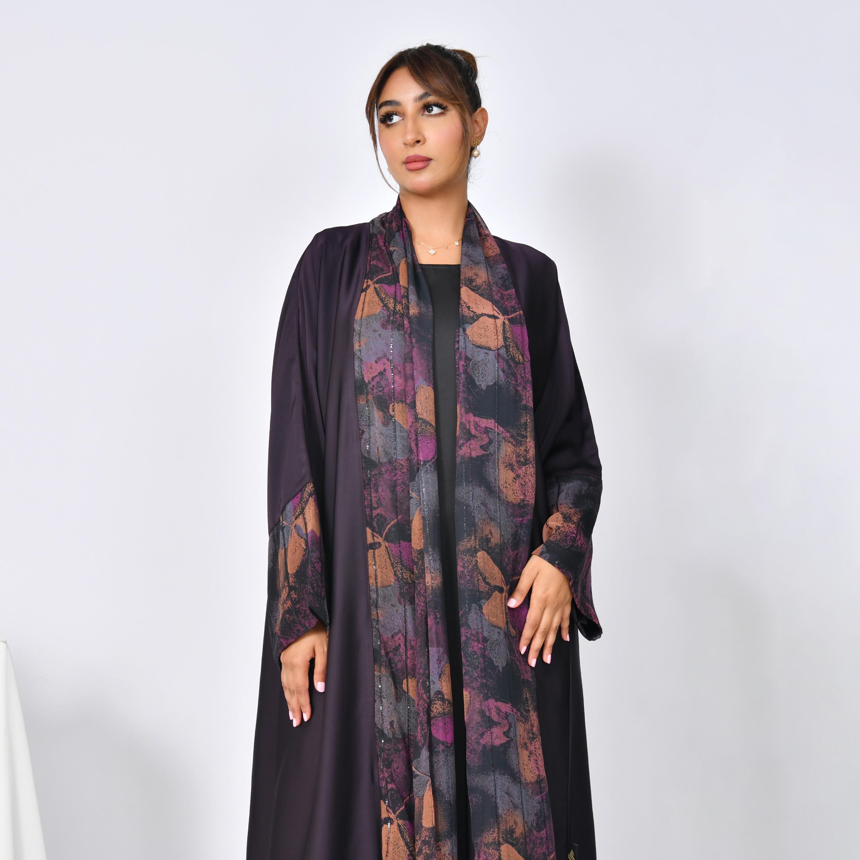 Hawraa Abaya Purple Printed Panel Wide Sleeves Linen Women's Flared Abaya-women-arabicclothing-abayas-image-3