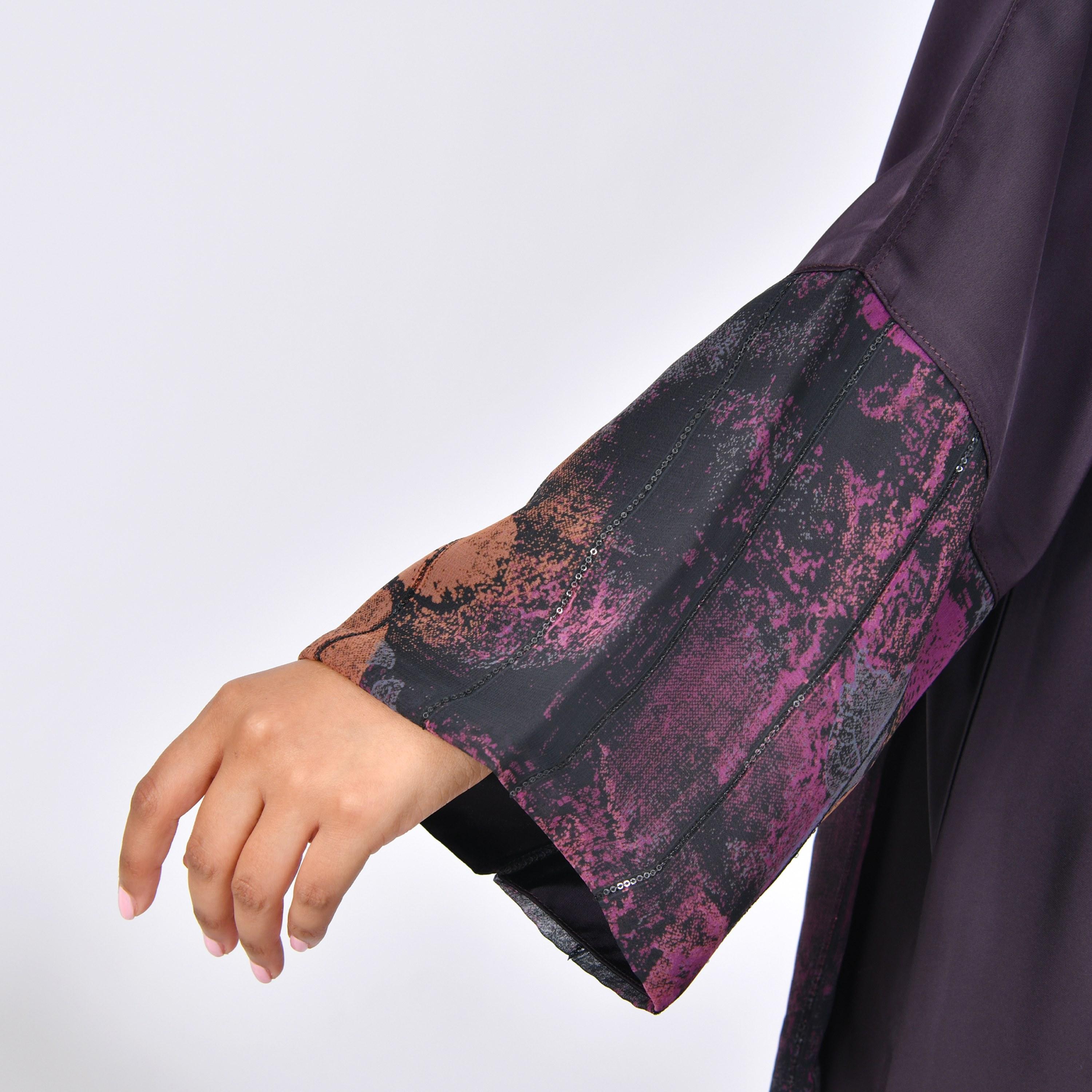 Hawraa Abaya Purple Printed Panel Wide Sleeves Linen Women's Flared Abaya-women-arabicclothing-abayas-image-4