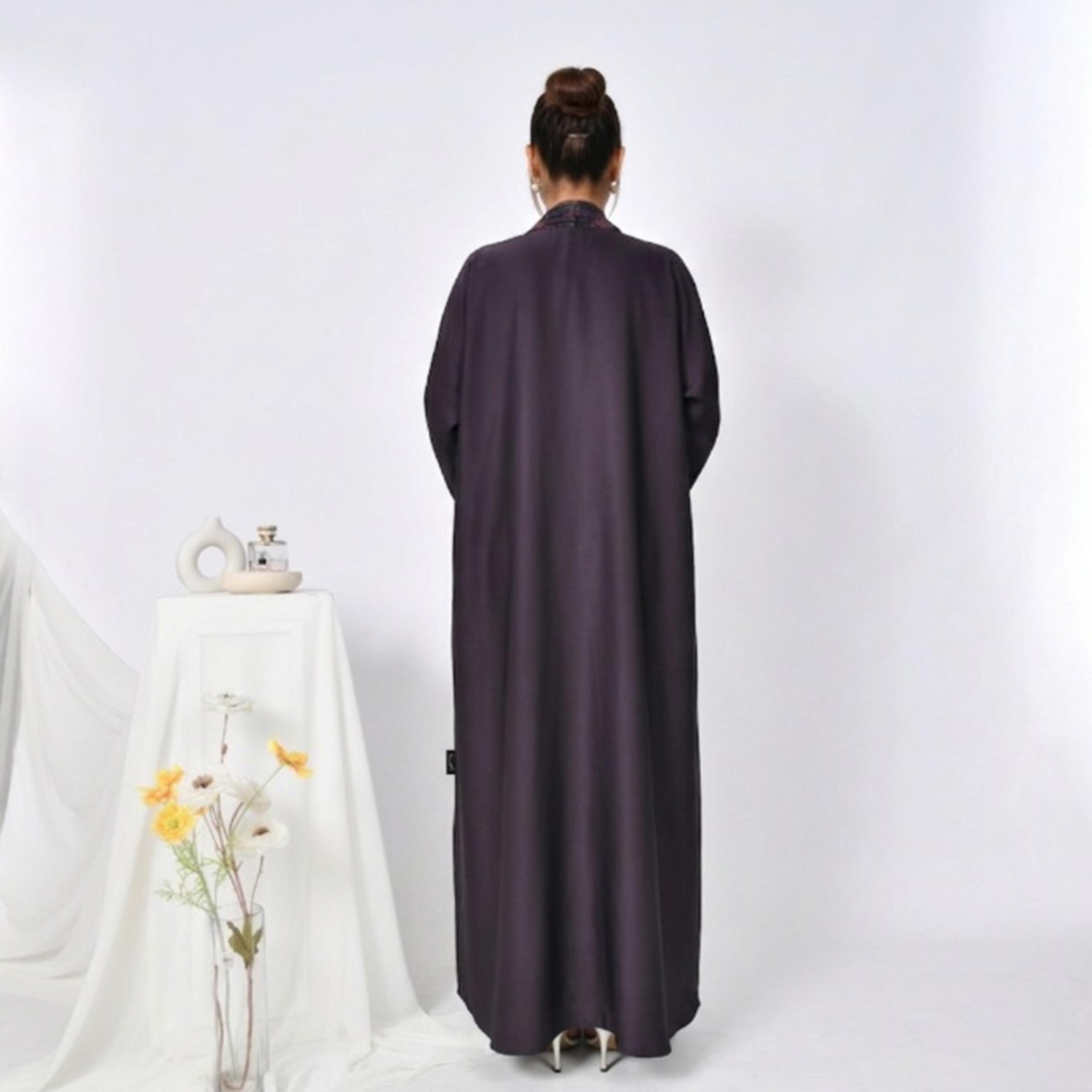 Hawraa Abaya Purple Printed Panel Wide Sleeves Linen Women's Flared Abaya-women-arabicclothing-abayas-image-5