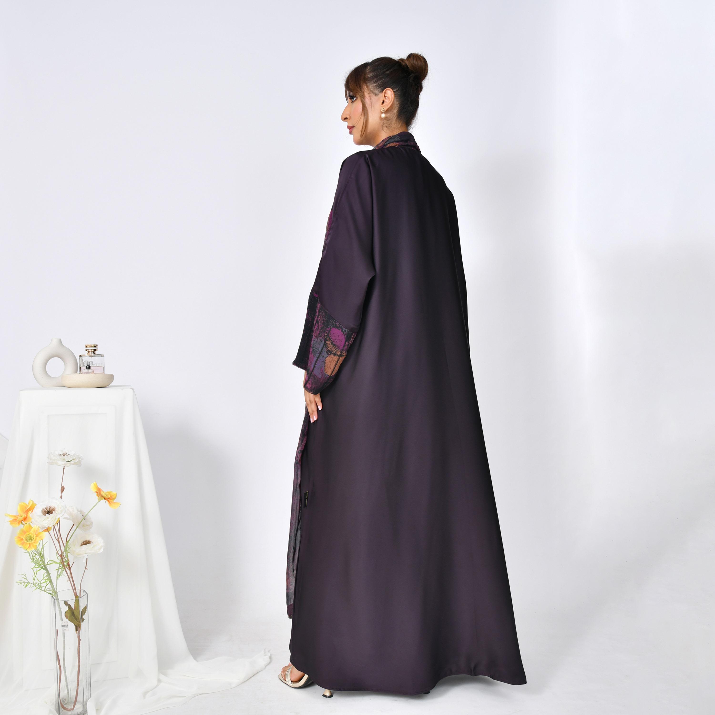 Hawraa Abaya Purple Printed Panel Wide Sleeves Linen Women's Flared Abaya-women-arabicclothing-abayas-image-6