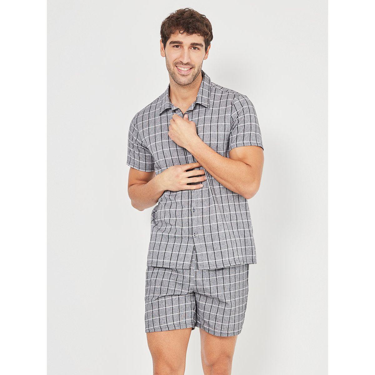 Styli Cotton Grid Checked Button Through Shirt and Shorts Set-men-clothing-nightwear-sets-image-1