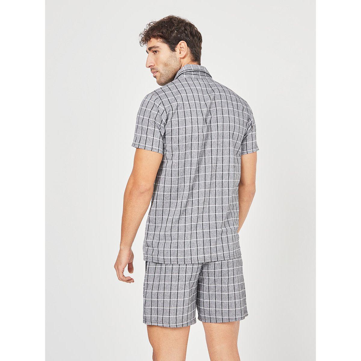 Styli Cotton Grid Checked Button Through Shirt and Shorts Set-men-clothing-nightwear-sets-image-10