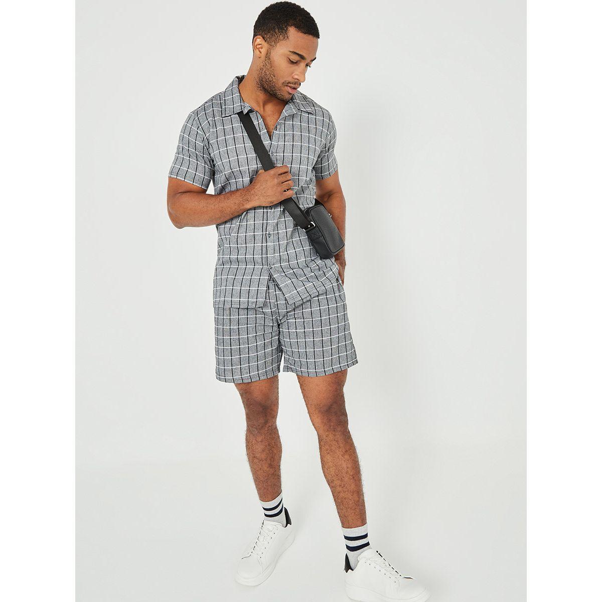 Styli Cotton Grid Checked Button Through Shirt and Shorts Set-men-clothing-nightwear-sets-image-2