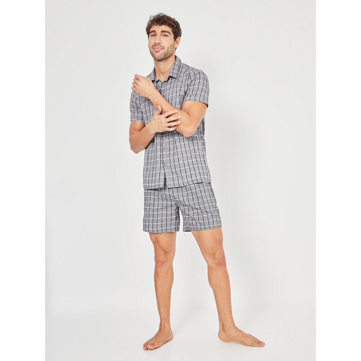 Styli Cotton Grid Checked Button Through Shirt and Shorts Set-men-clothing-nightwear-sets-image-3