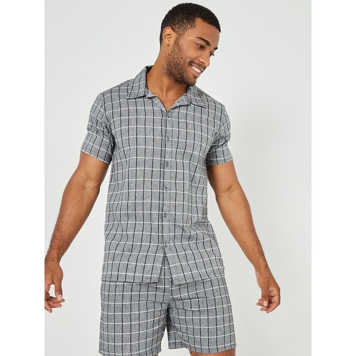 Styli Cotton Grid Checked Button Through Shirt and Shorts Set-men-clothing-nightwear-sets-image-4