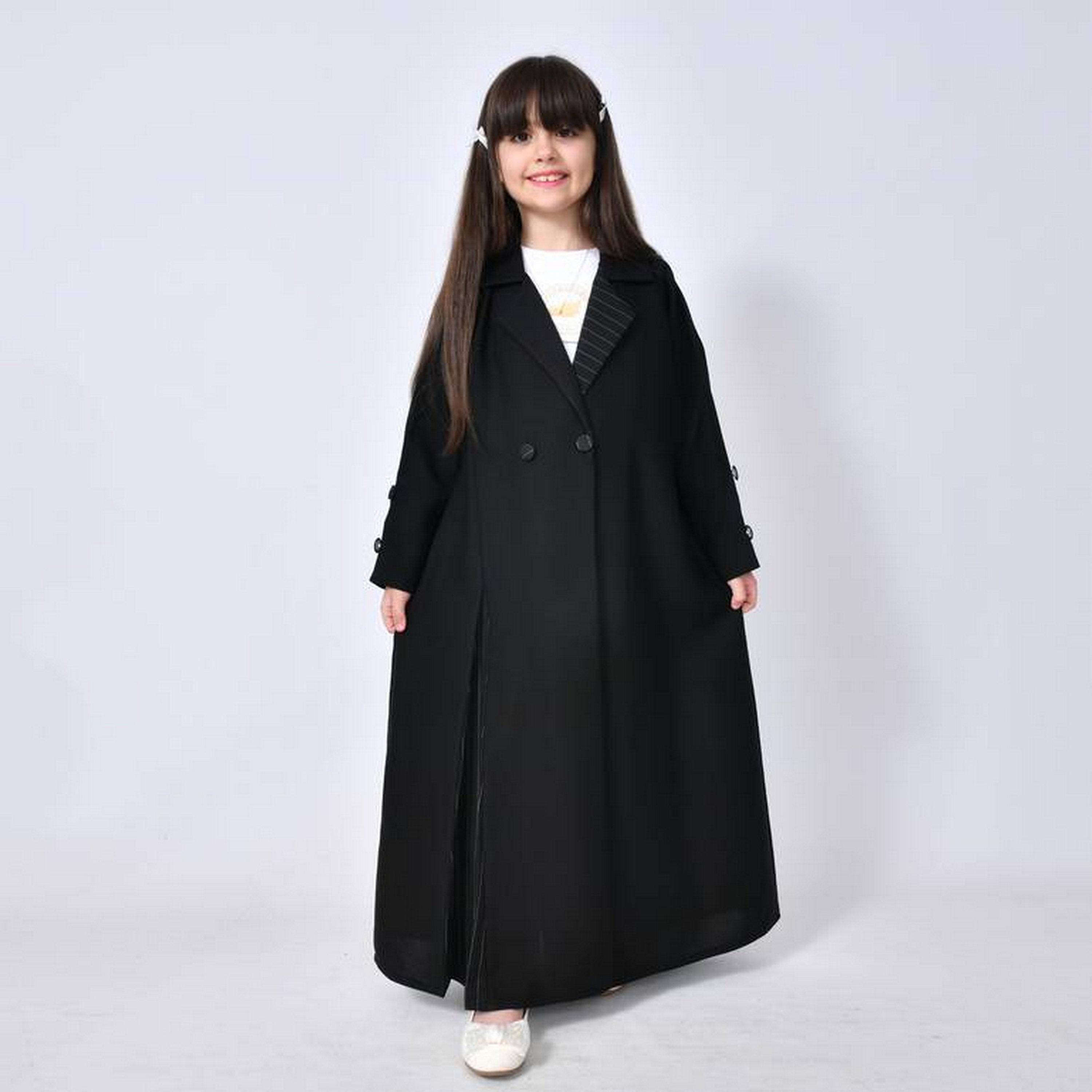 Hawraa Black Front Pleated Lapel Collared Linen Girls Formal Coat Style Abaya with Hijab-girls-arabicclothing-abayas-image-1