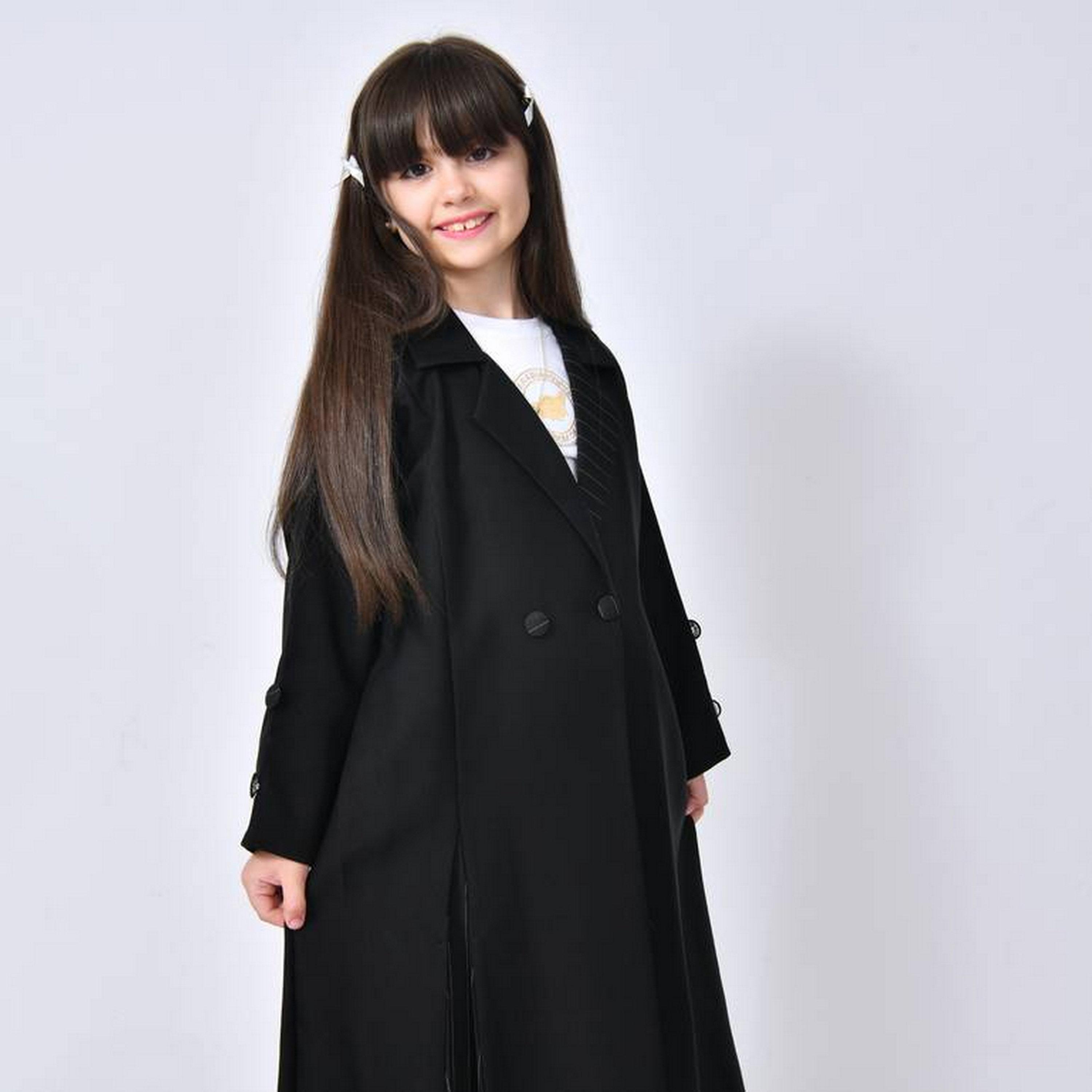 Hawraa Black Front Pleated Lapel Collared Linen Girls Formal Coat Style Abaya with Hijab-girls-arabicclothing-abayas-image-2