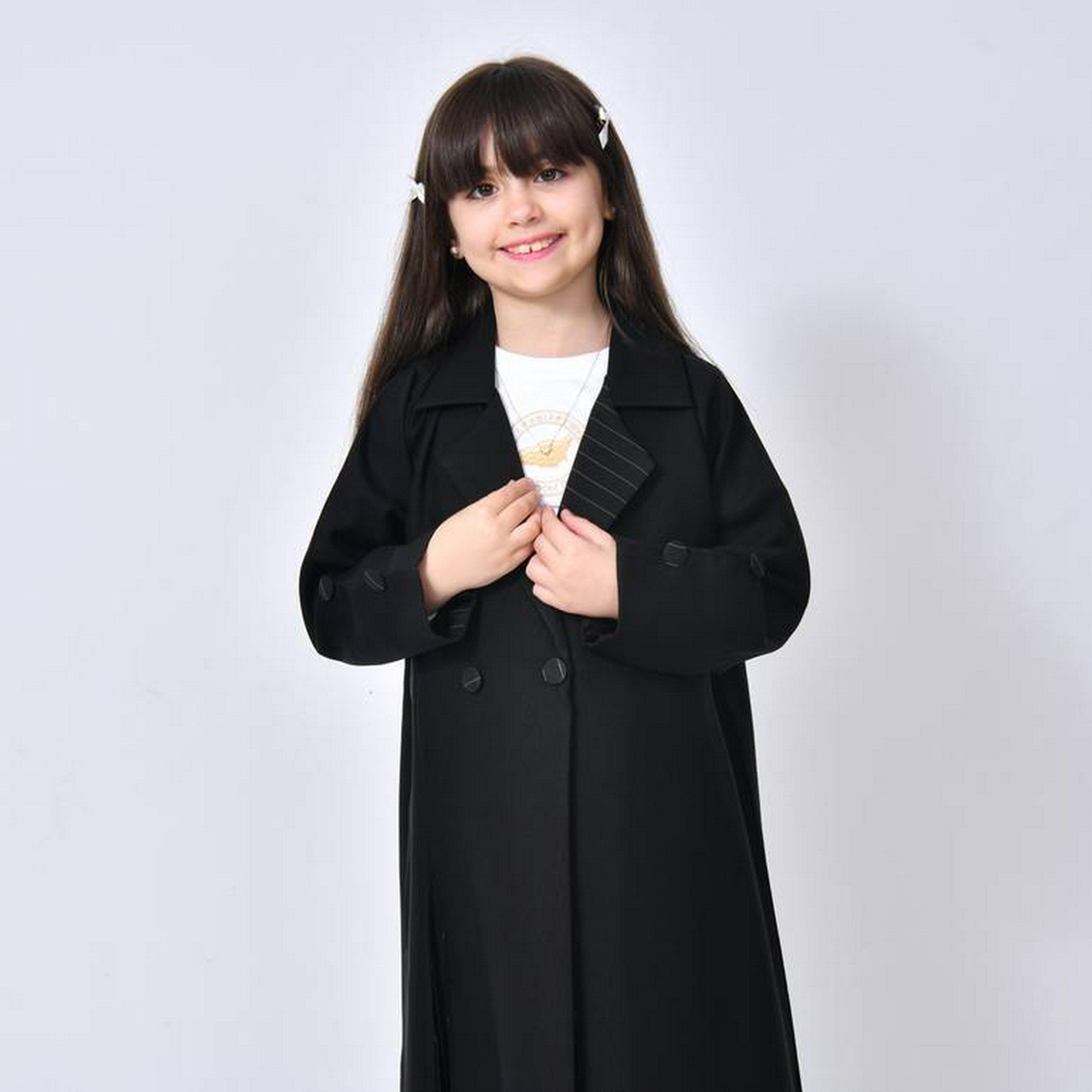 Hawraa Black Front Pleated Lapel Collared Linen Girls Formal Coat Style Abaya with Hijab-girls-arabicclothing-abayas-image-3
