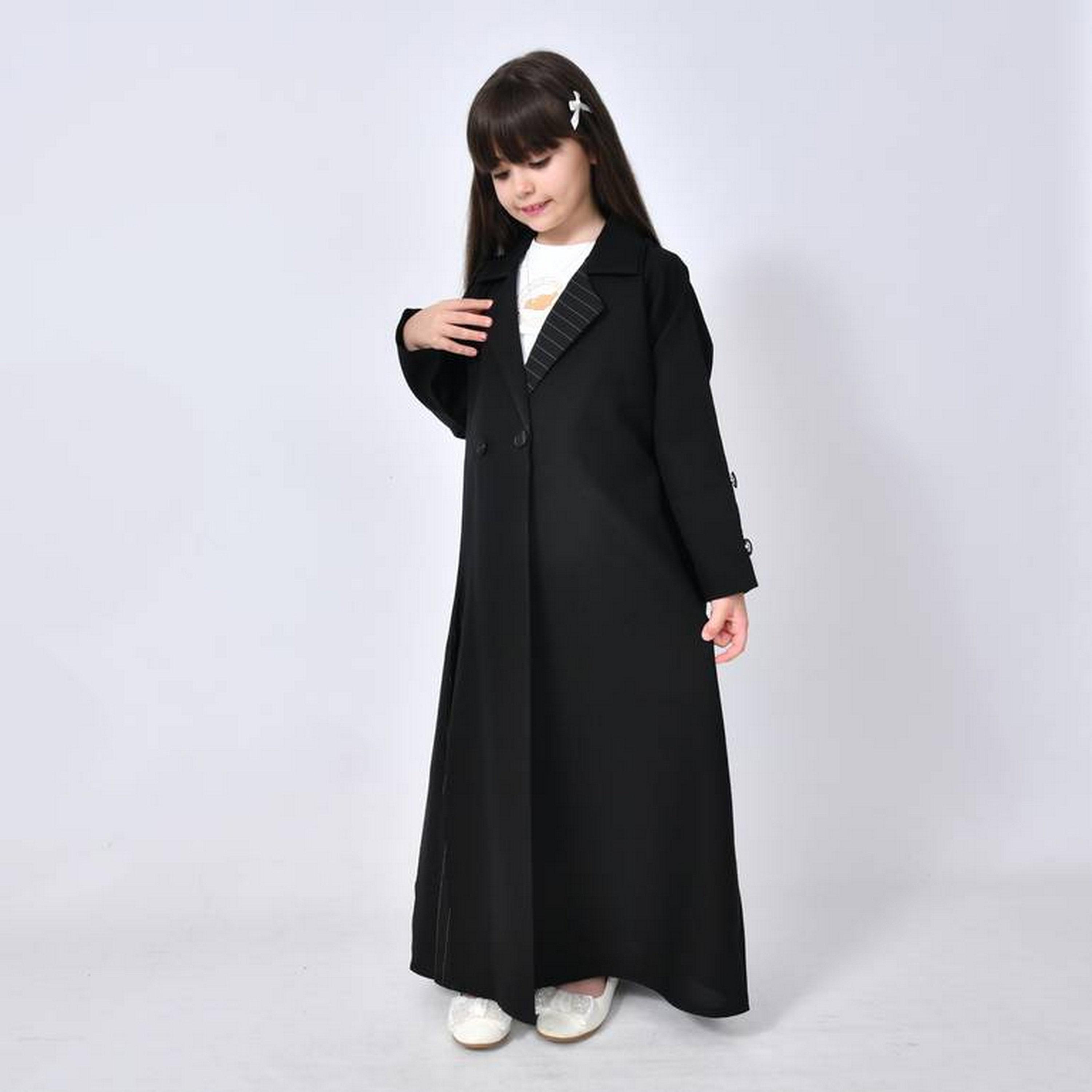 Hawraa Black Front Pleated Lapel Collared Linen Girls Formal Coat Style Abaya with Hijab-girls-arabicclothing-abayas-image-4