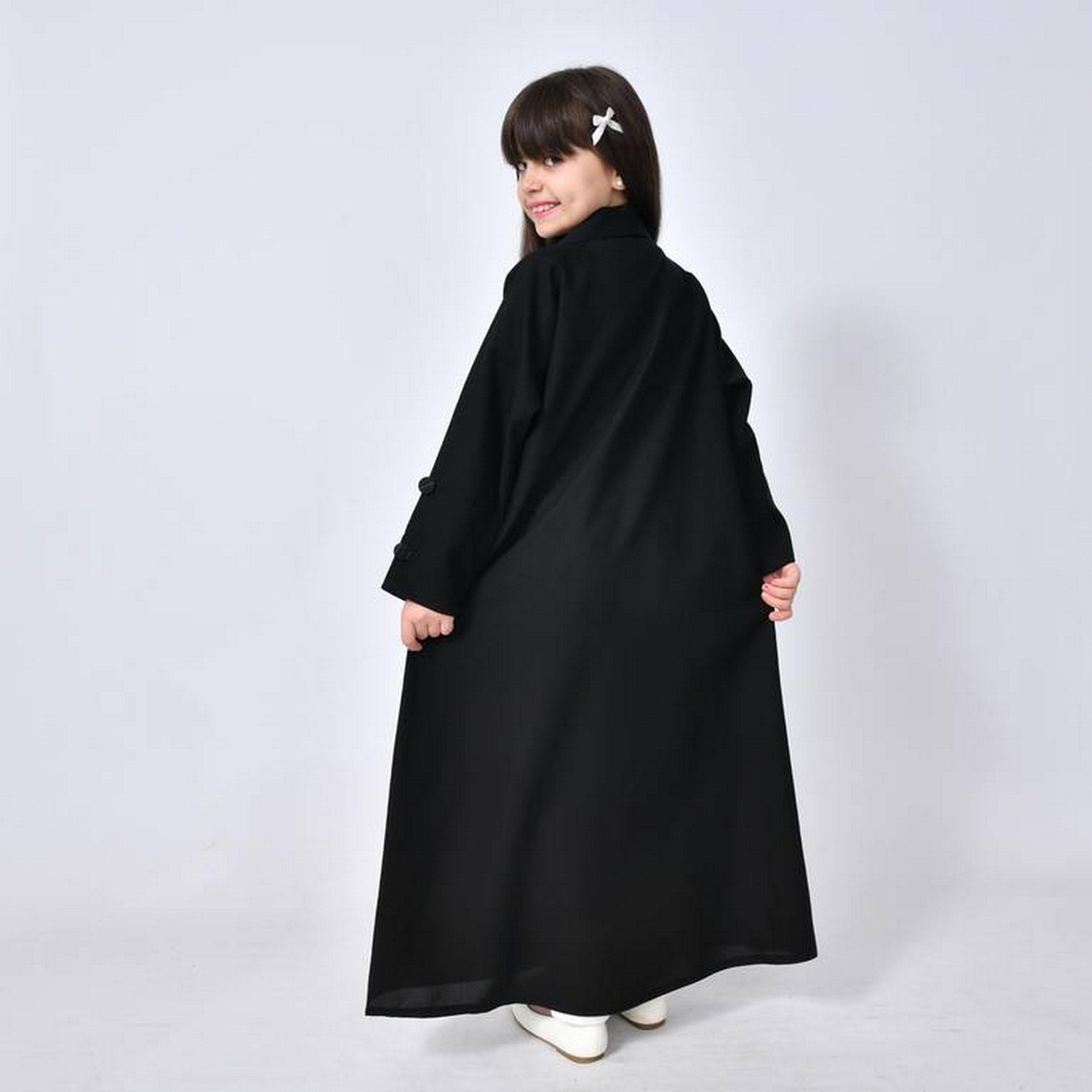 Hawraa Black Front Pleated Lapel Collared Linen Girls Formal Coat Style Abaya with Hijab-girls-arabicclothing-abayas-image-5