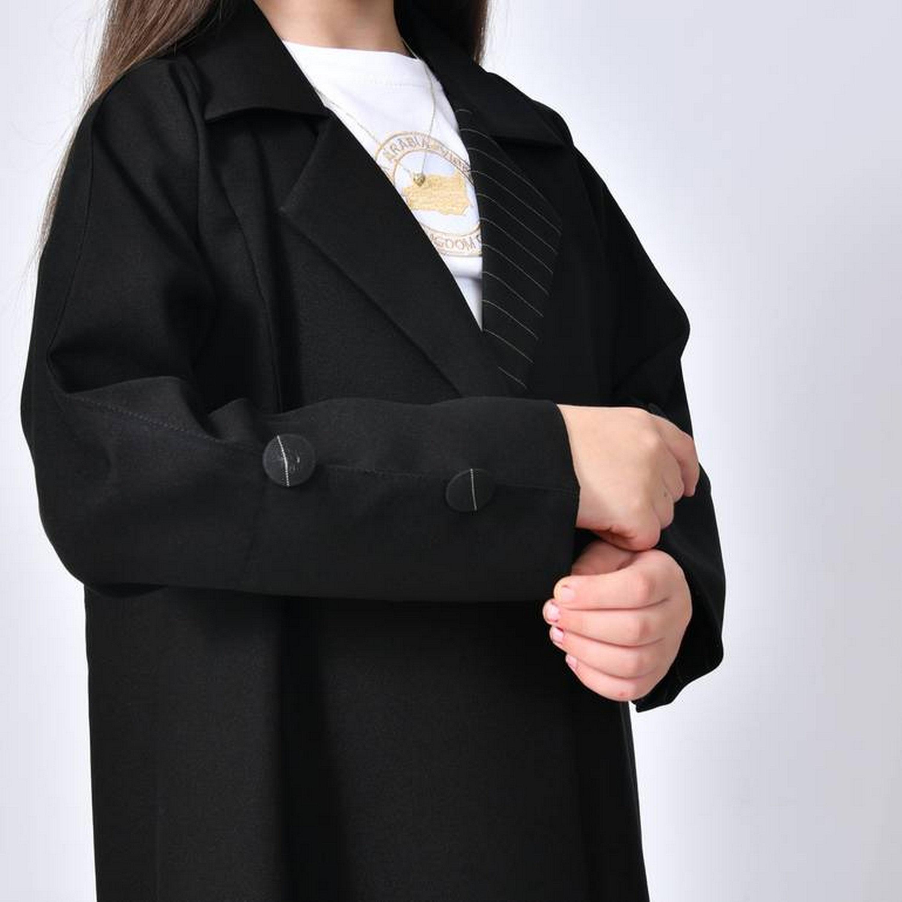 Hawraa Black Front Pleated Lapel Collared Linen Girls Formal Coat Style Abaya with Hijab-girls-arabicclothing-abayas-image-6