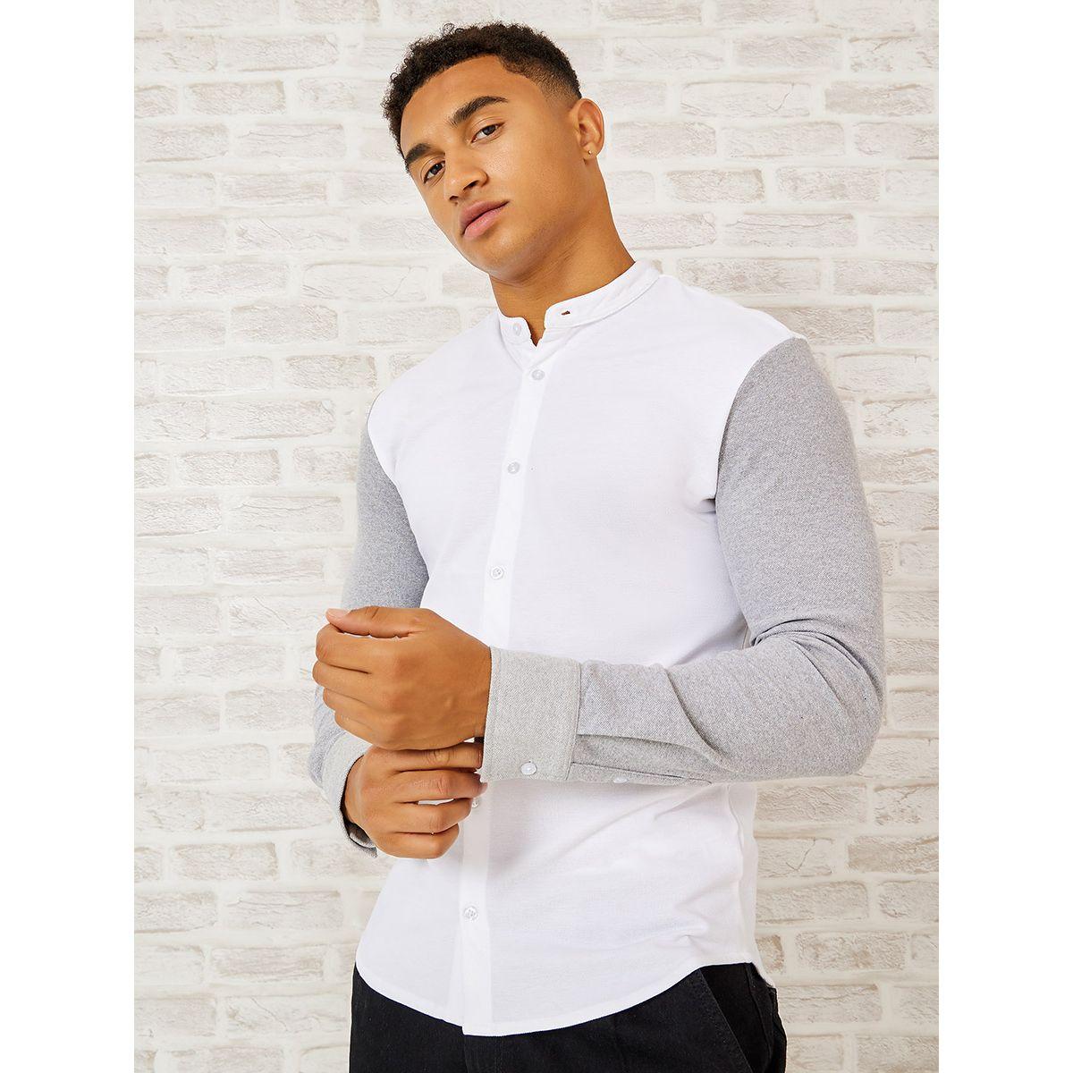 Styli Grandad Collar Colorblock Sleeve Knitted Shirt-men-clothing-shirts-image-1