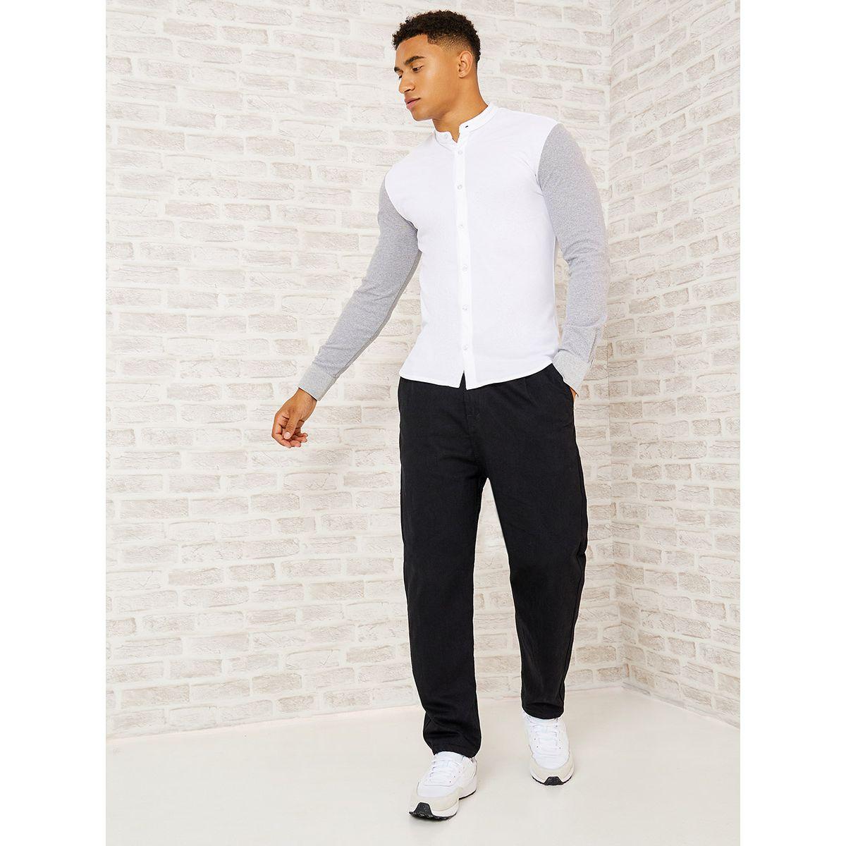 Styli Grandad Collar Colorblock Sleeve Knitted Shirt-men-clothing-shirts-image-2