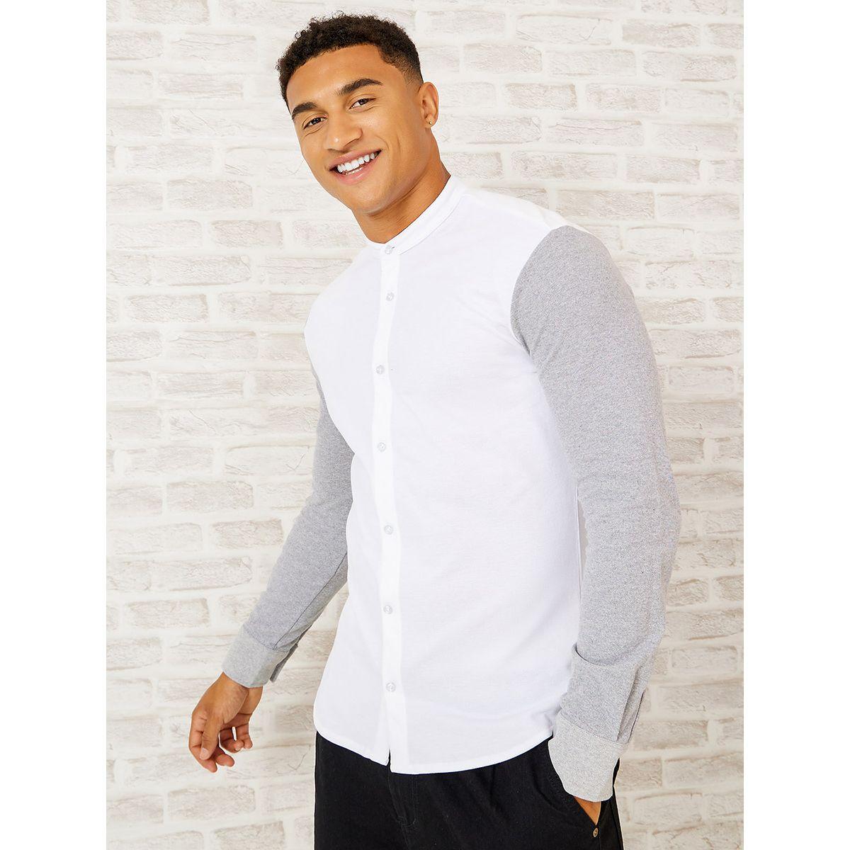 Styli Grandad Collar Colorblock Sleeve Knitted Shirt-men-clothing-shirts-image-4