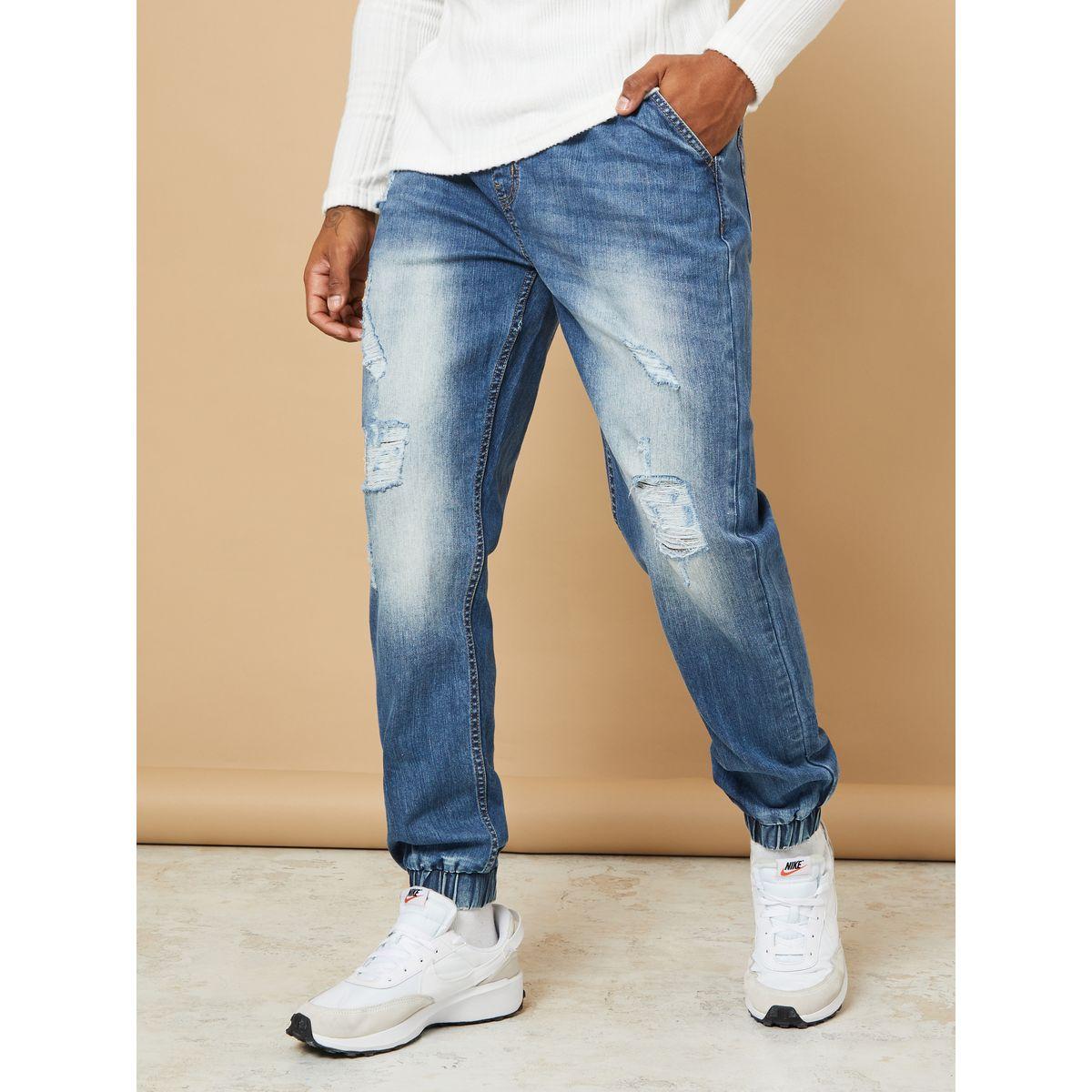 Styli Ripped Denim Jogger with Drawstring Waistband-men-clothing-bottoms-jeans-image-1