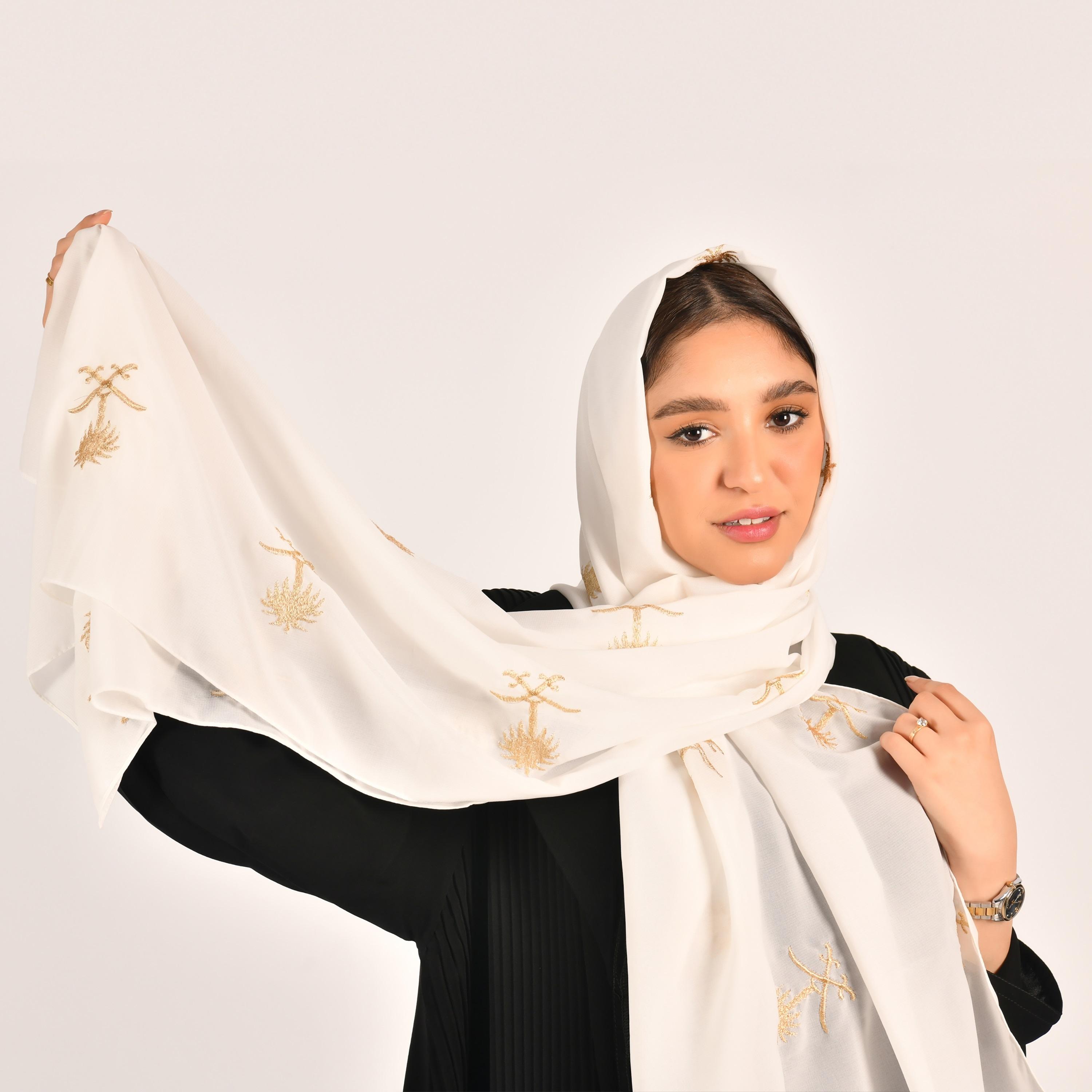 Hawraa White Golden Tree Embroidered Hijab-women-arabicclothing-headscarf-hijab-image-1