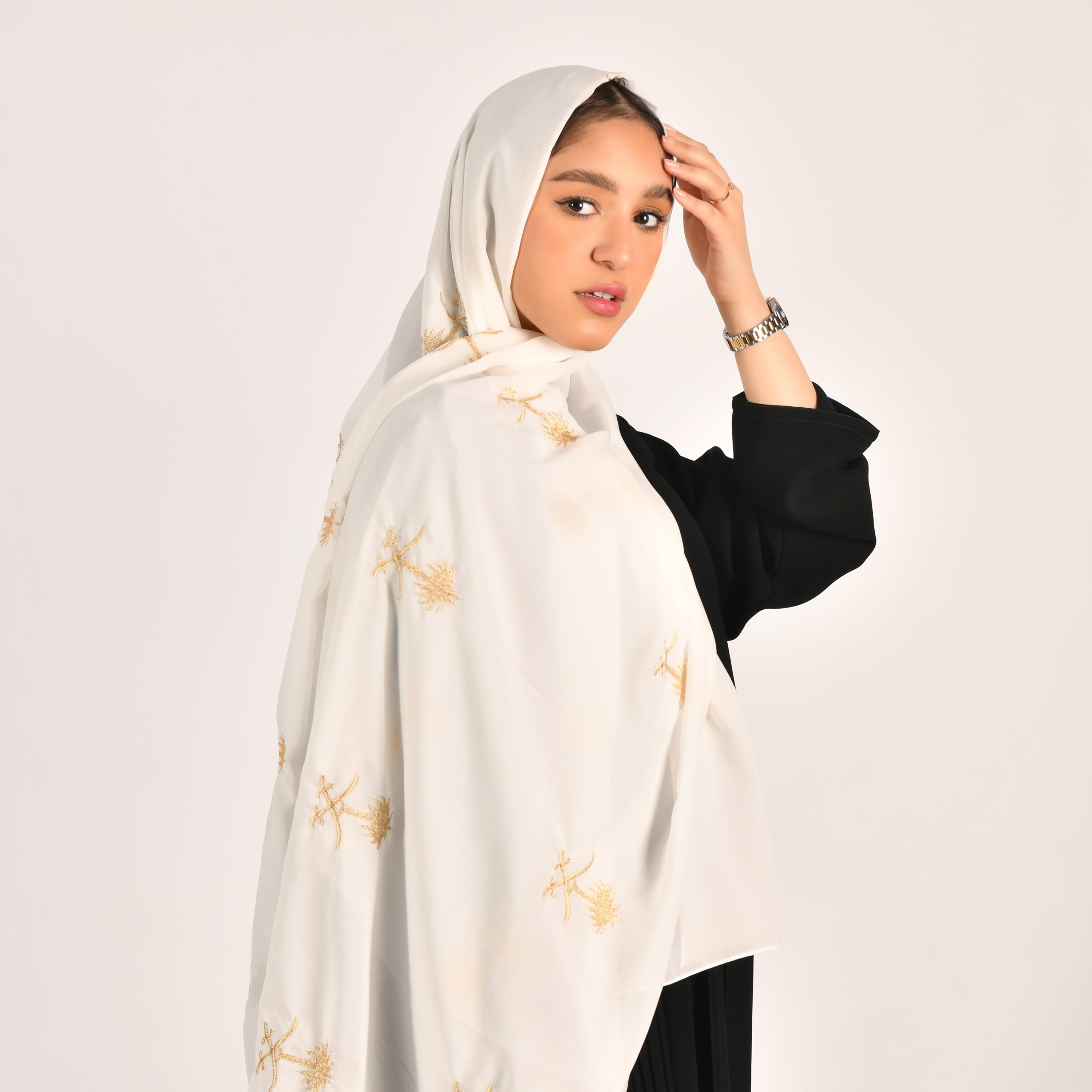 Hawraa White Golden Tree Embroidered Hijab-women-arabicclothing-headscarf-hijab-image-2