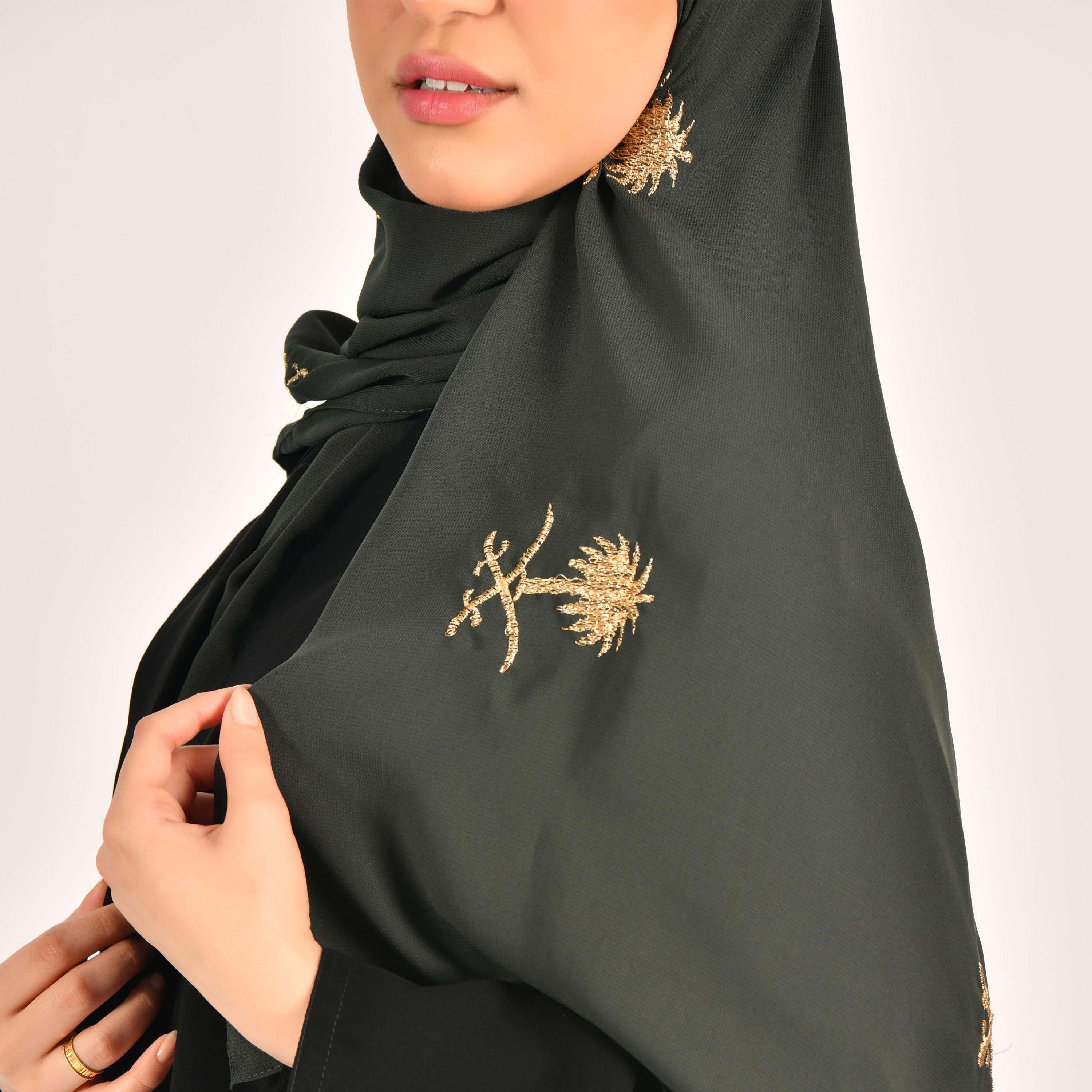 Hawraa Green Golden Tree Embroidered Hijab-women-arabicclothing-headscarf-hijab-image-2
