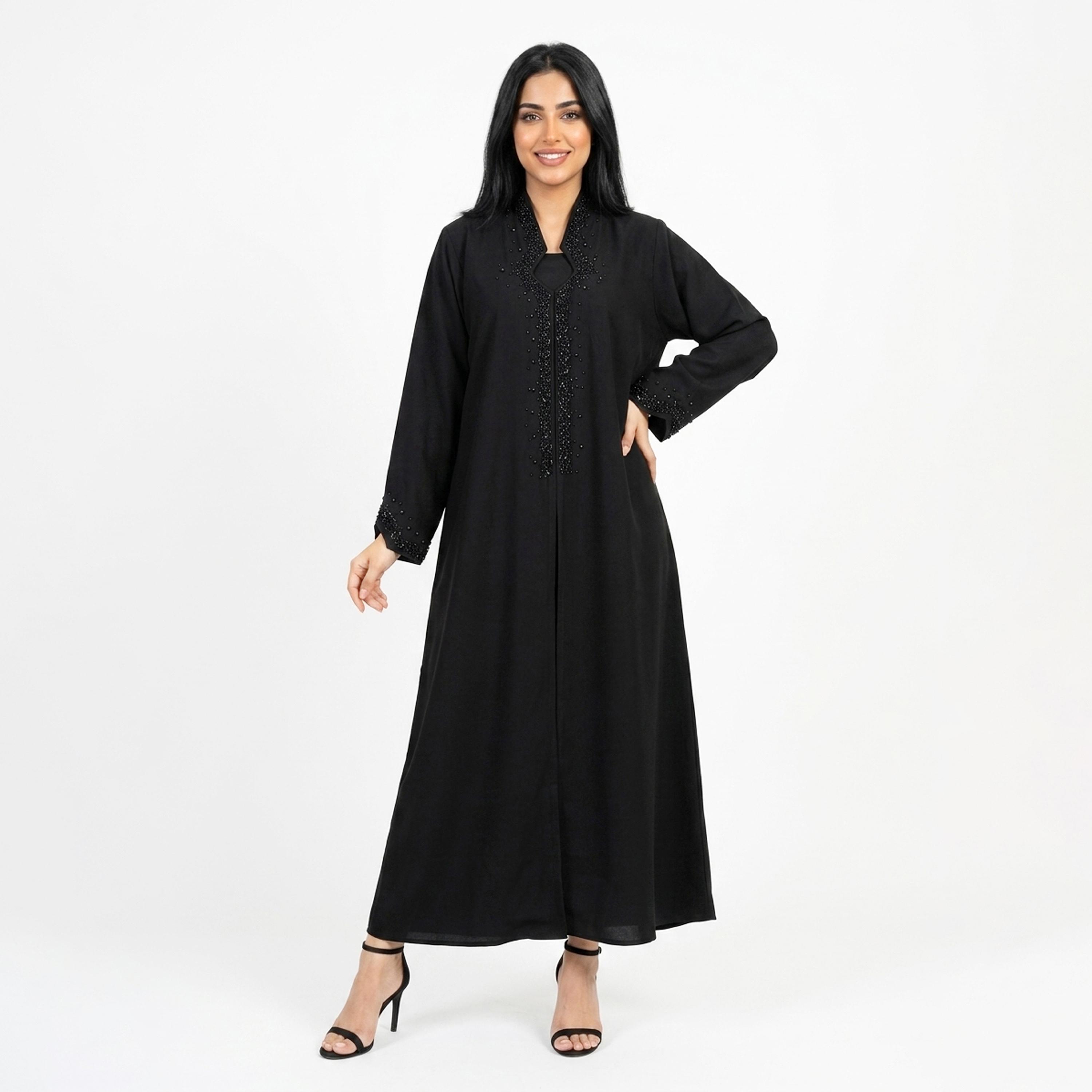 Hawraa Black Beads Detailed Linen Women's Abaya-women-arabicclothing-abayas-image-1