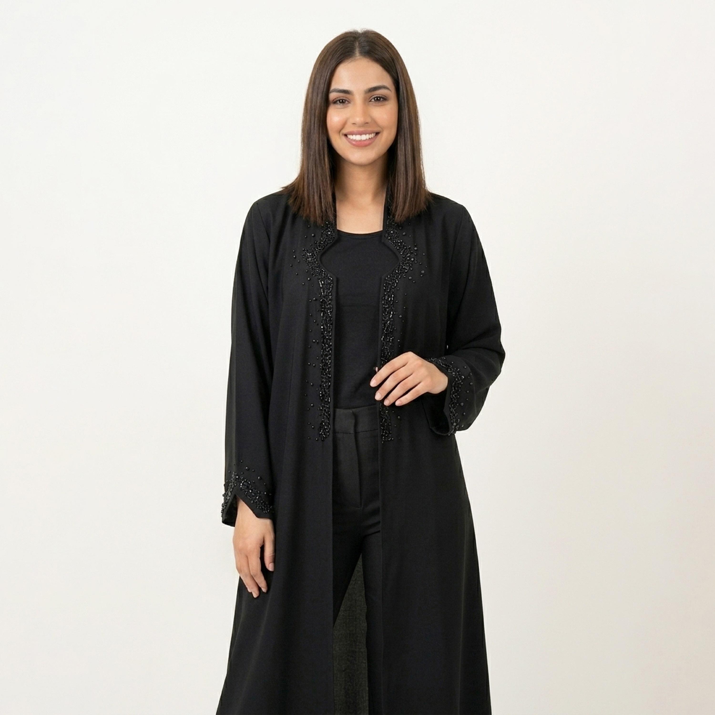 Hawraa Black Beads Detailed Linen Women's Abaya-women-arabicclothing-abayas-image-2