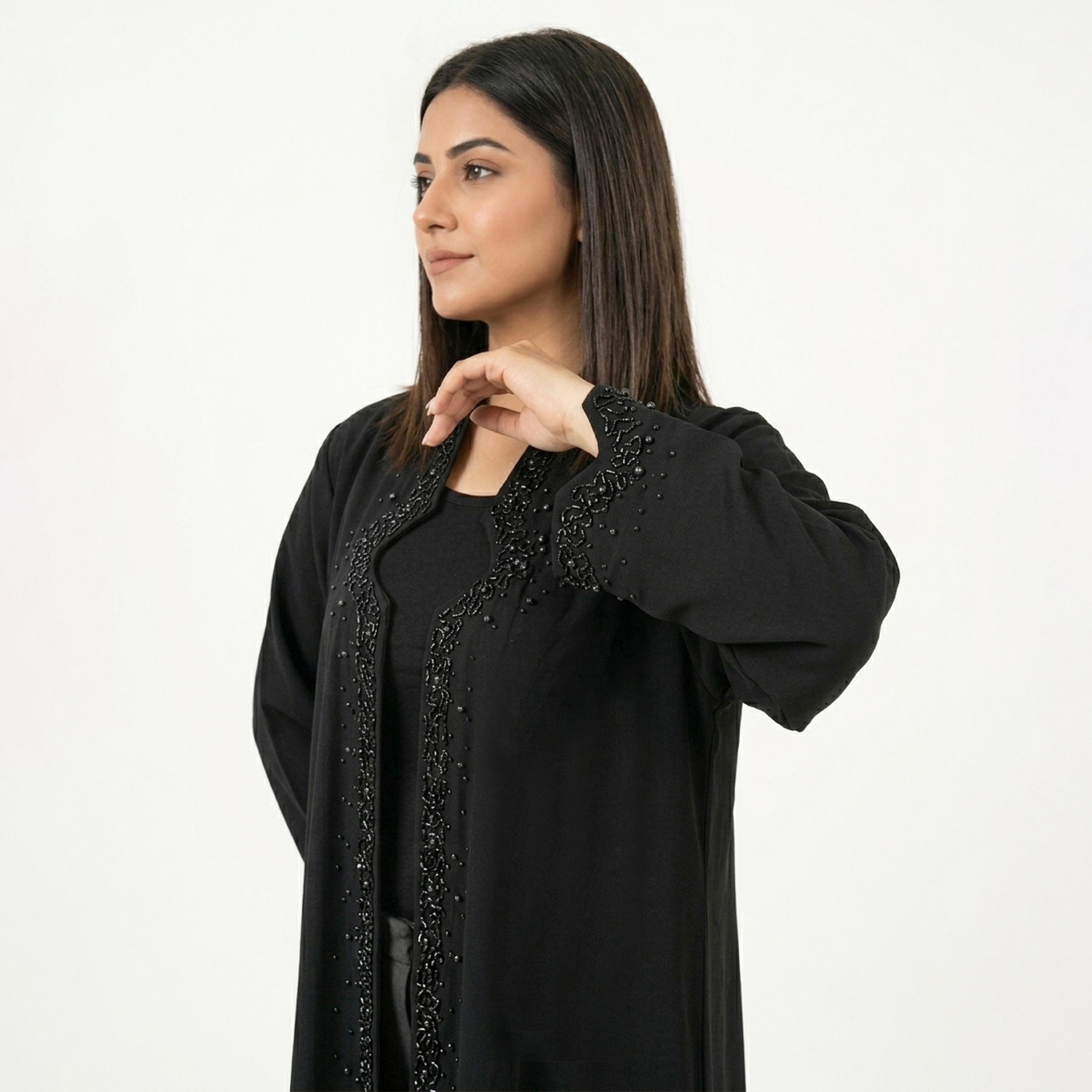 Hawraa Black Beads Detailed Linen Women's Abaya-women-arabicclothing-abayas-image-3