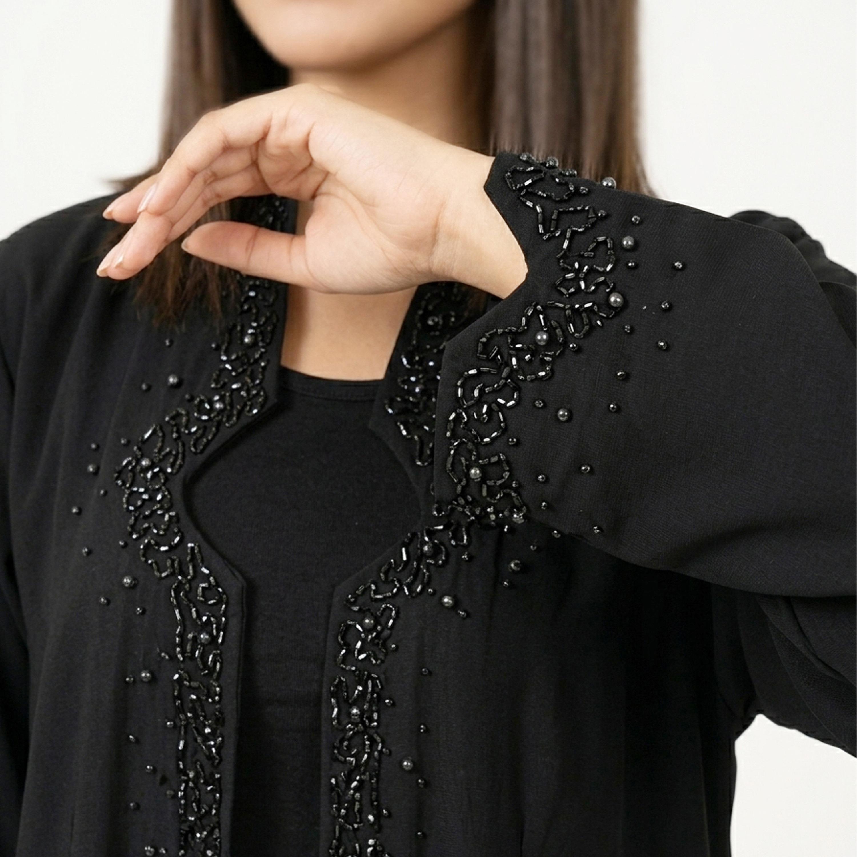 Hawraa Black Beads Detailed Linen Women's Abaya-women-arabicclothing-abayas-image-4