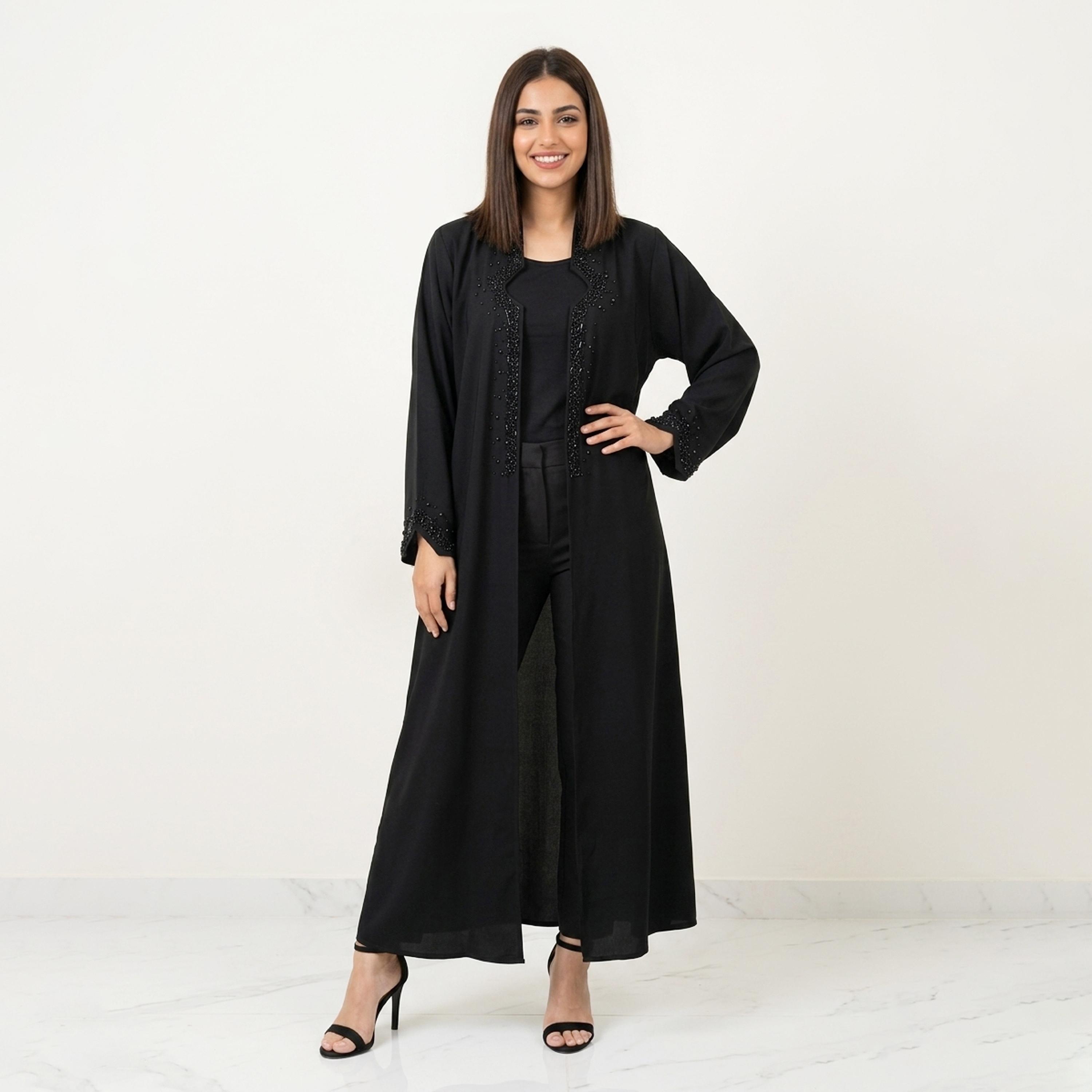 Hawraa Black Beads Detailed Linen Women's Abaya-women-arabicclothing-abayas-image-5