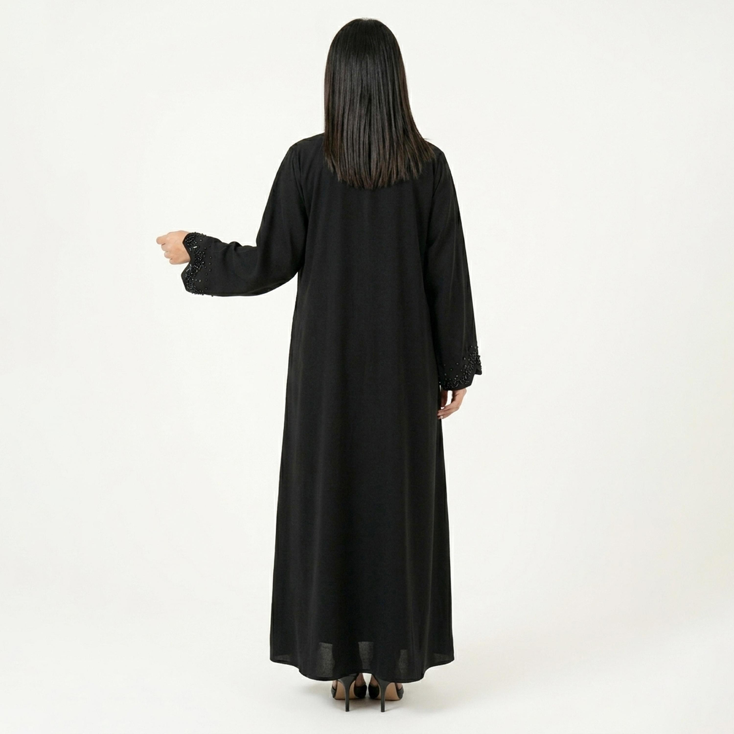 Hawraa Black Beads Detailed Linen Women's Abaya-women-arabicclothing-abayas-image-6