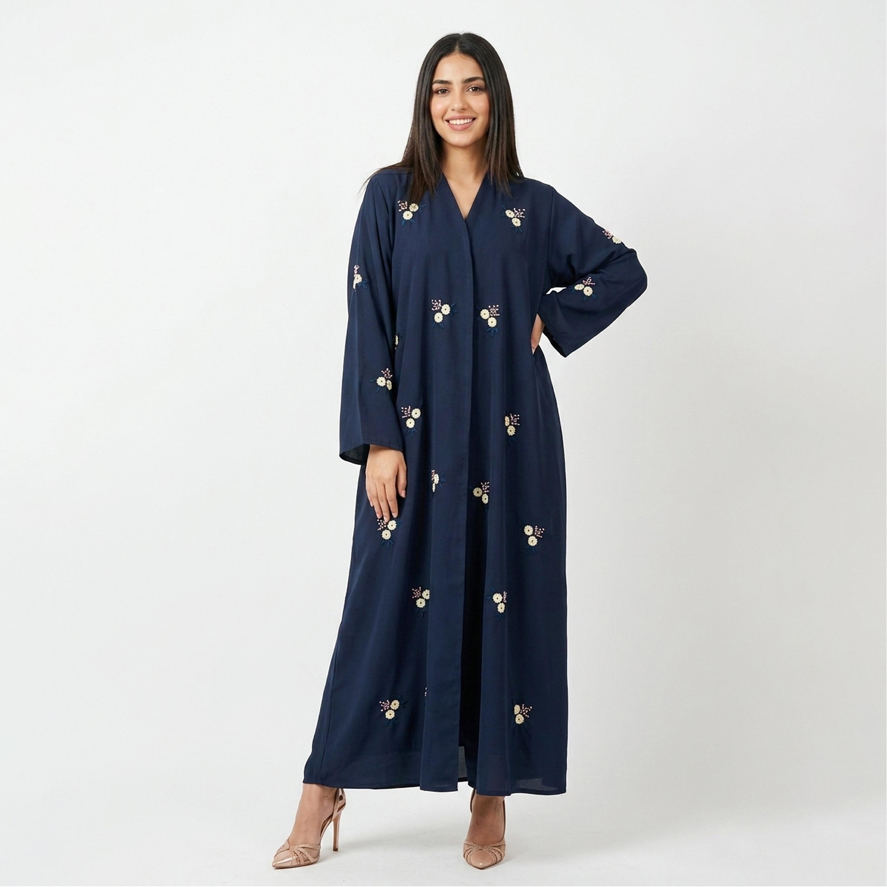 Hawraa Navy Embroidered Linen Women's Flared Style Abaya-women-arabicclothing-abayas-image-1