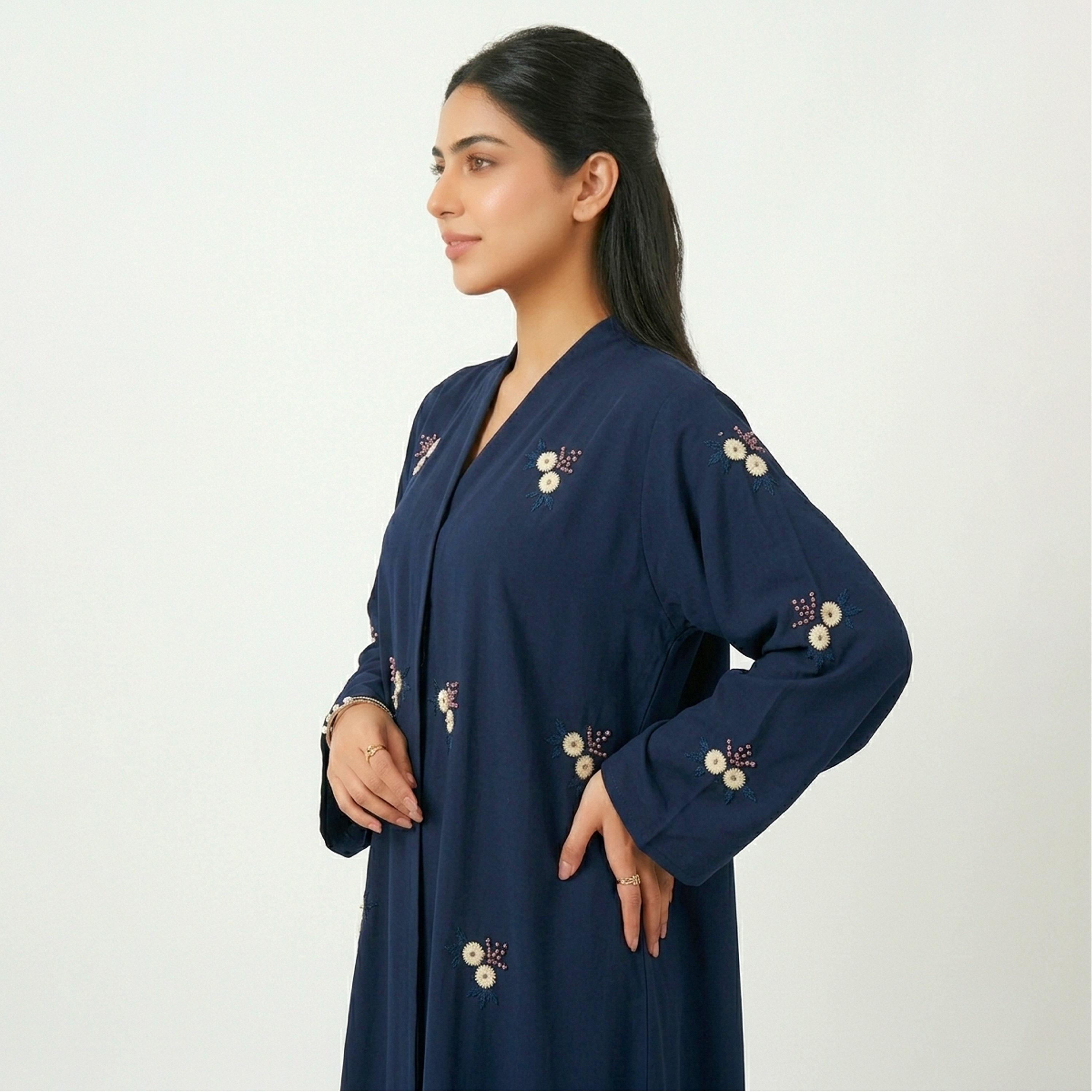 Hawraa Navy Embroidered Linen Women's Flared Style Abaya-women-arabicclothing-abayas-image-2