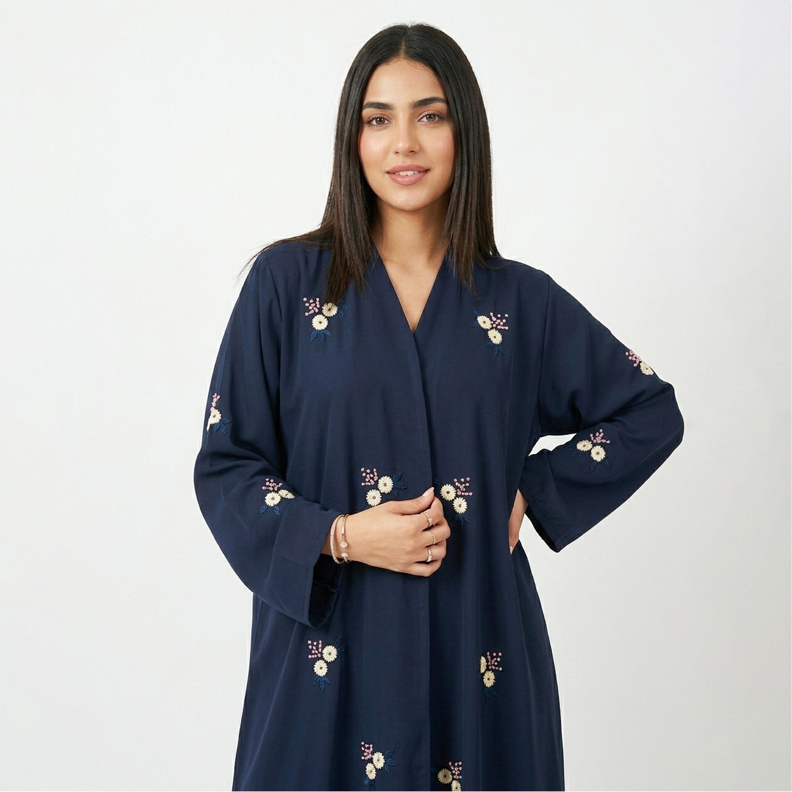Hawraa Navy Embroidered Linen Women's Flared Style Abaya-women-arabicclothing-abayas-image-3