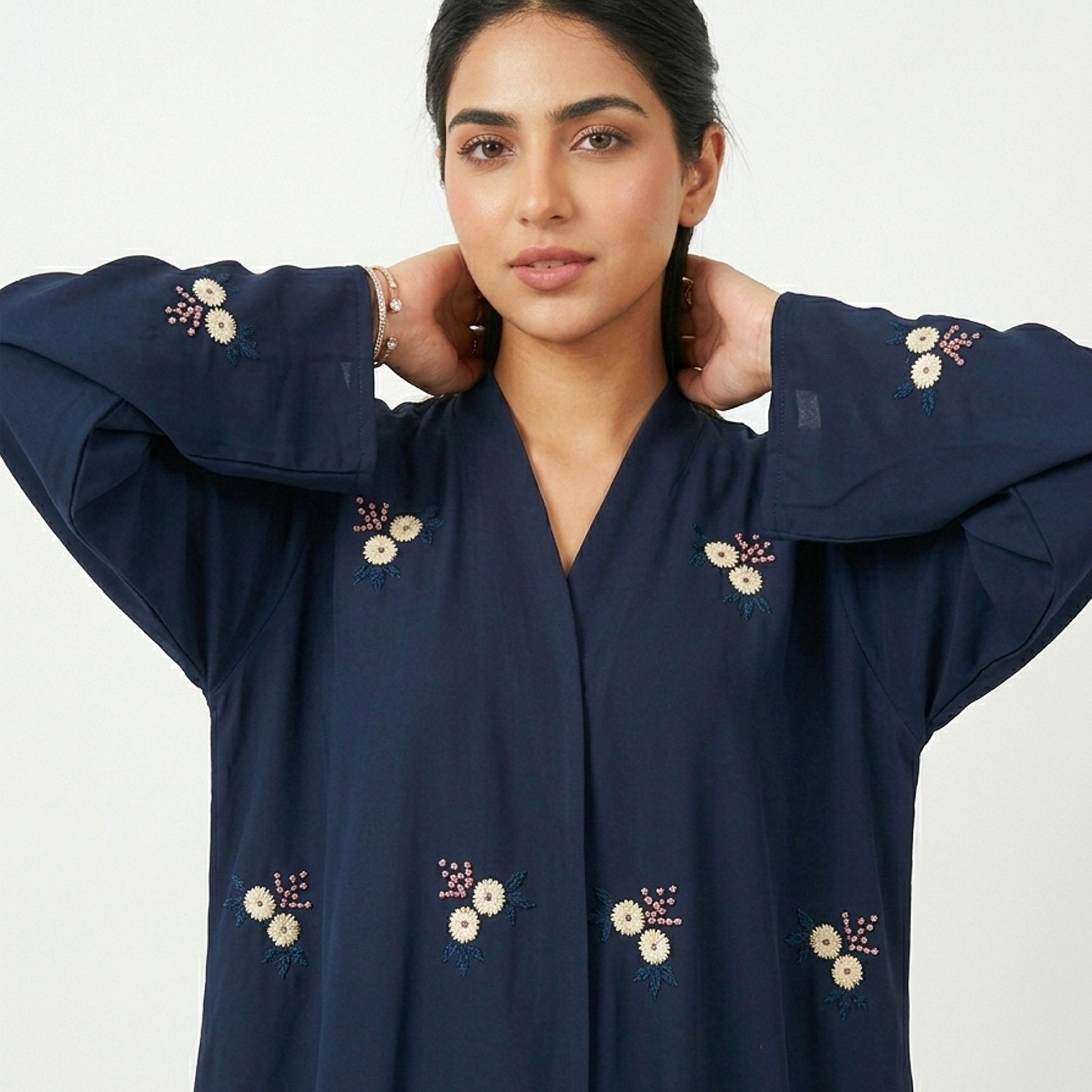 Hawraa Navy Embroidered Linen Women's Flared Style Abaya-women-arabicclothing-abayas-image-4