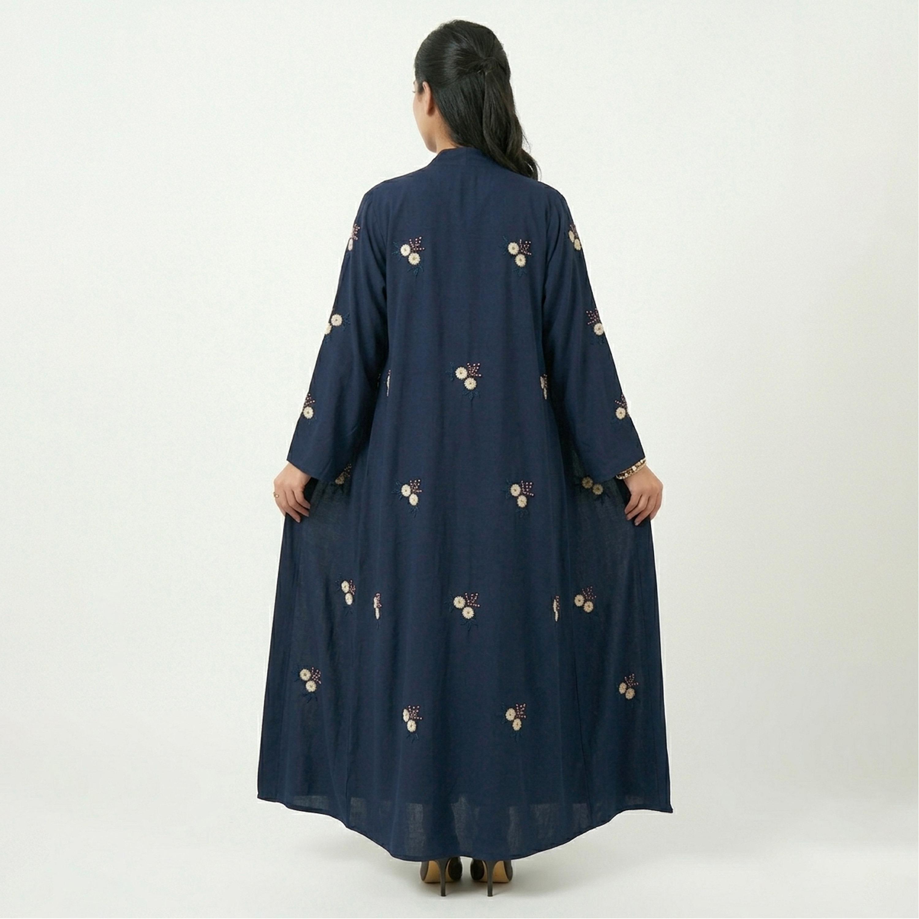Hawraa Navy Embroidered Linen Women's Flared Style Abaya-women-arabicclothing-abayas-image-5