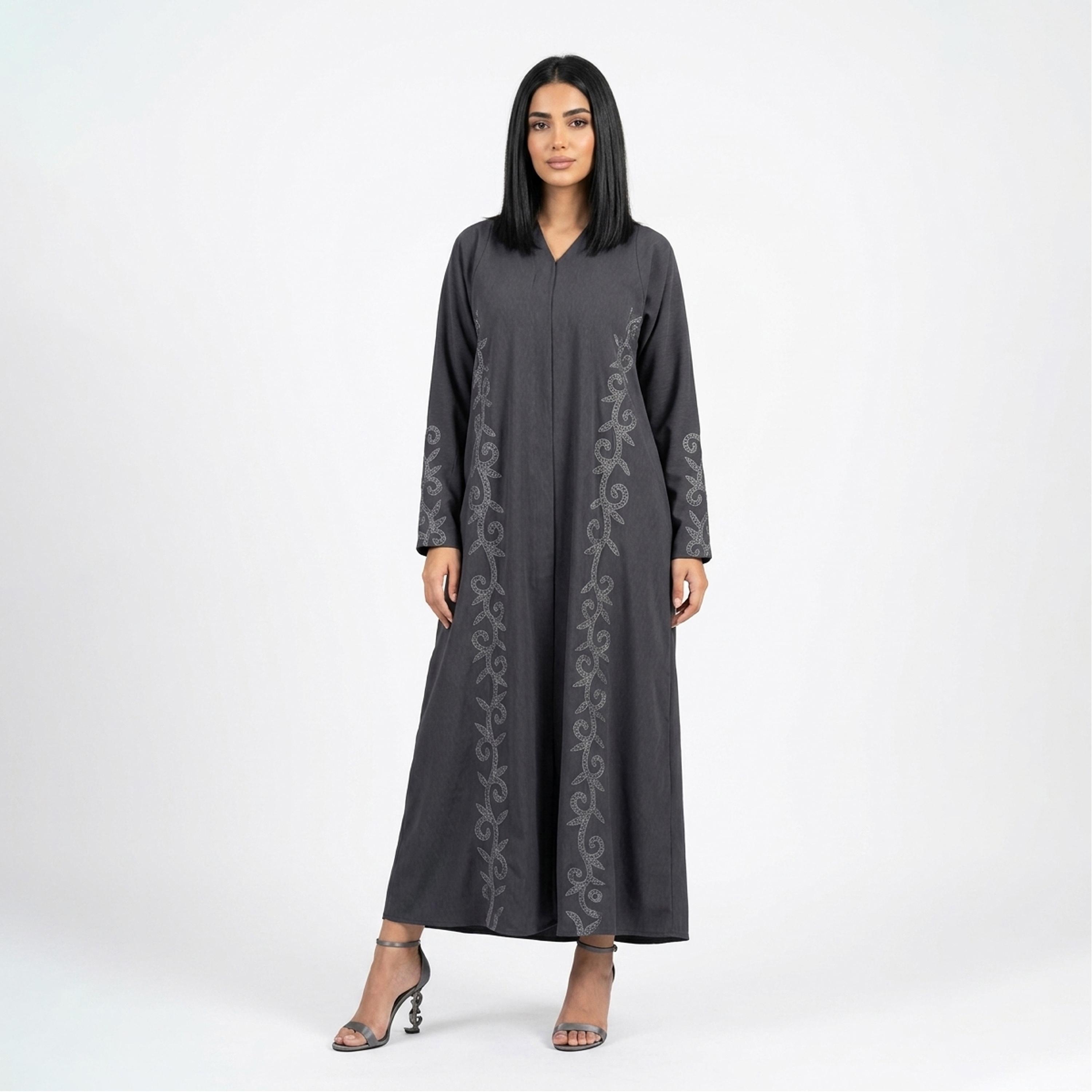 Hawraa Grey Embroidered Linen Women's Abaya with Hijab-women-arabicclothing-abayas-image-1
