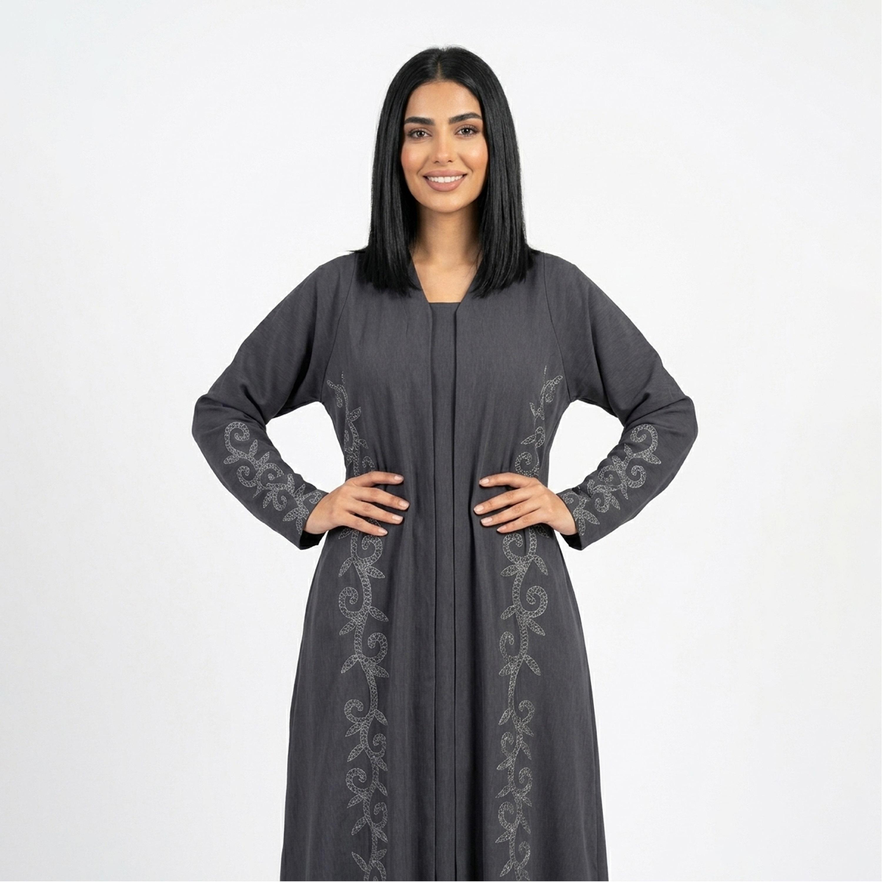 Hawraa Grey Embroidered Linen Women's Abaya with Hijab-women-arabicclothing-abayas-image-2