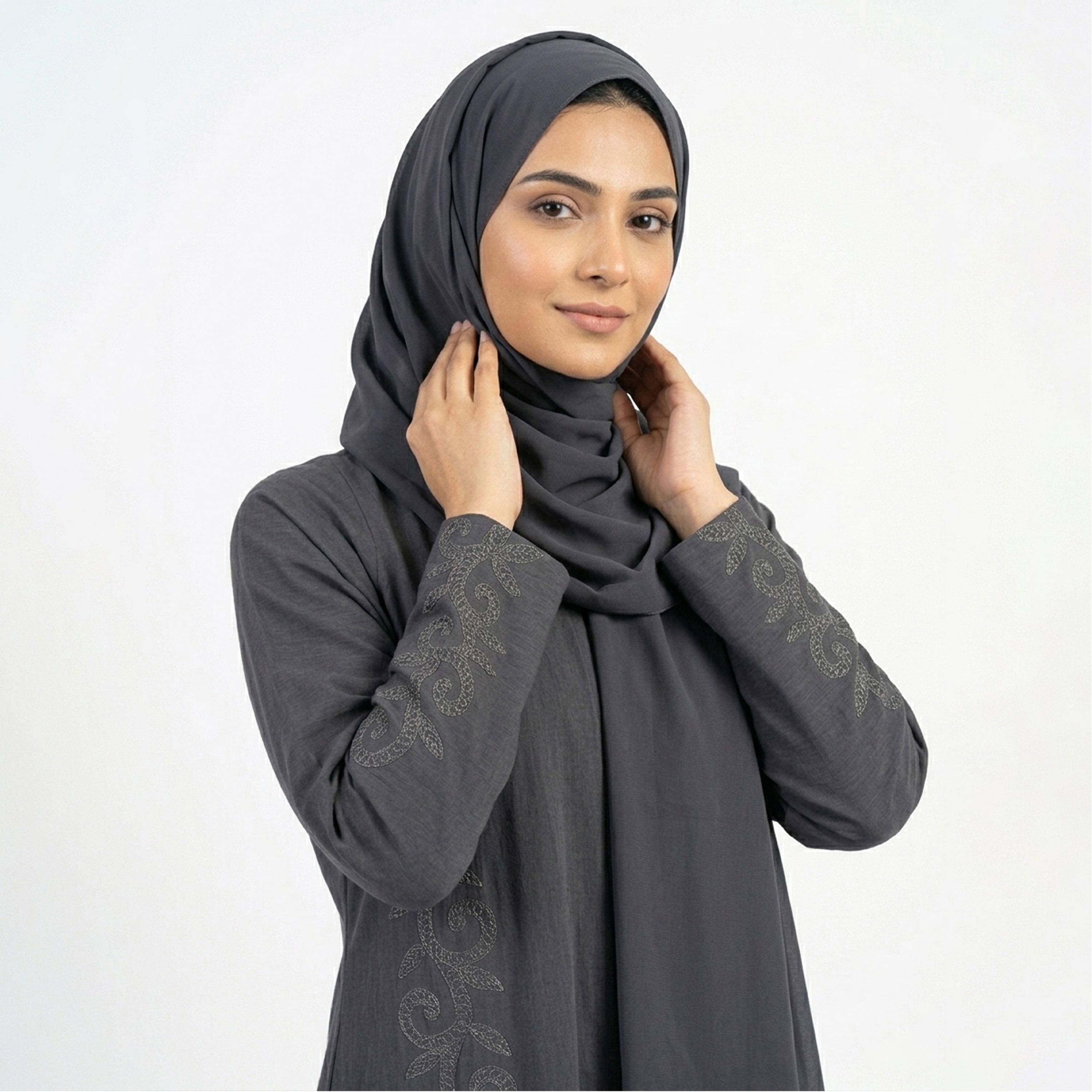 Hawraa Grey Embroidered Linen Women's Abaya with Hijab-women-arabicclothing-abayas-image-3