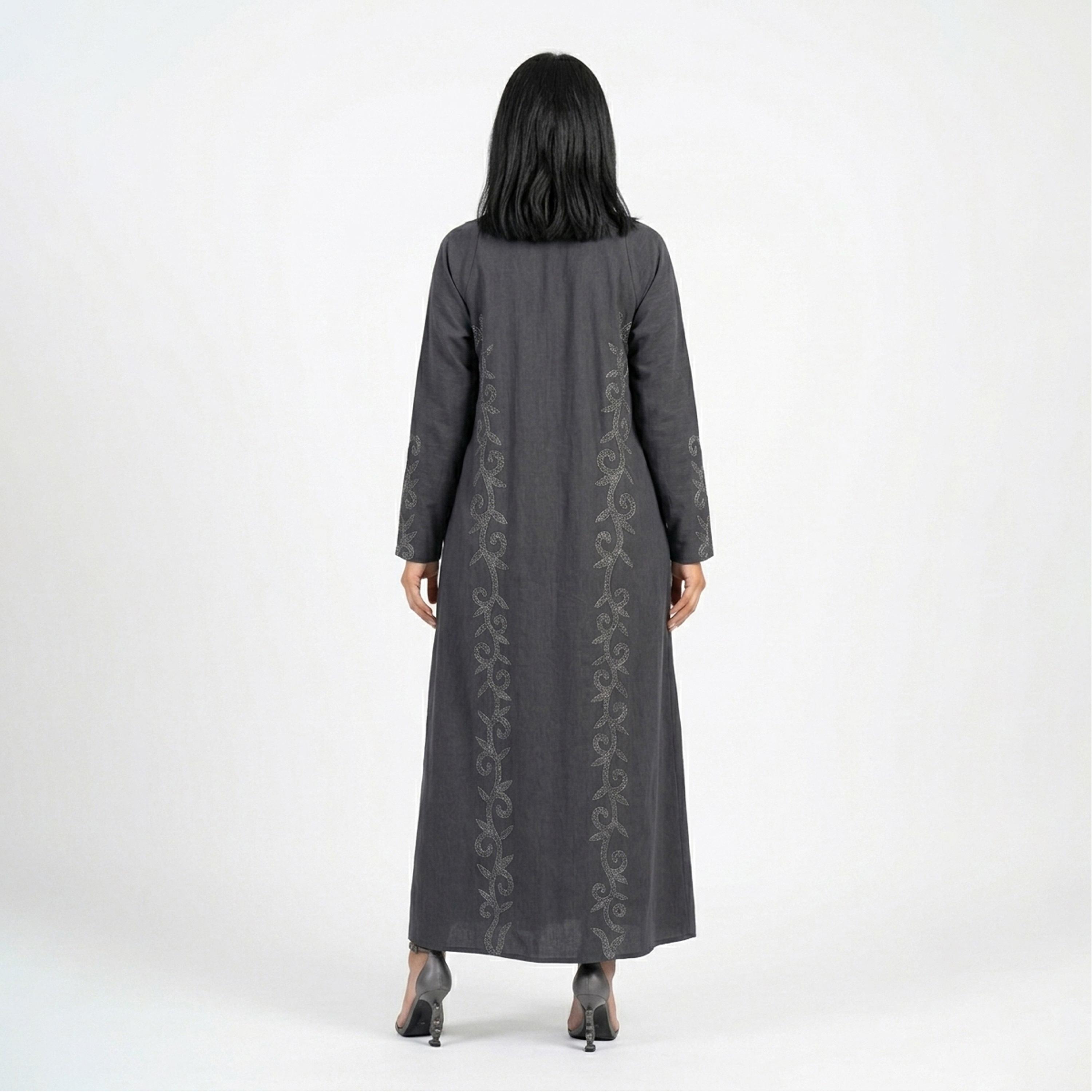 Hawraa Grey Embroidered Linen Women's Abaya with Hijab-women-arabicclothing-abayas-image-4