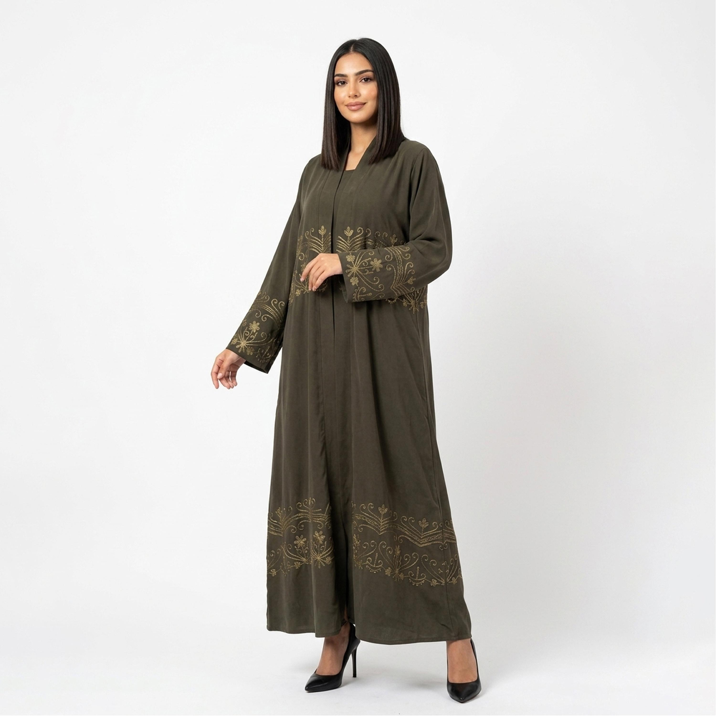 Hawraa Olive Embroidered Linen Women's Abaya-women-arabicclothing-abayas-image-1