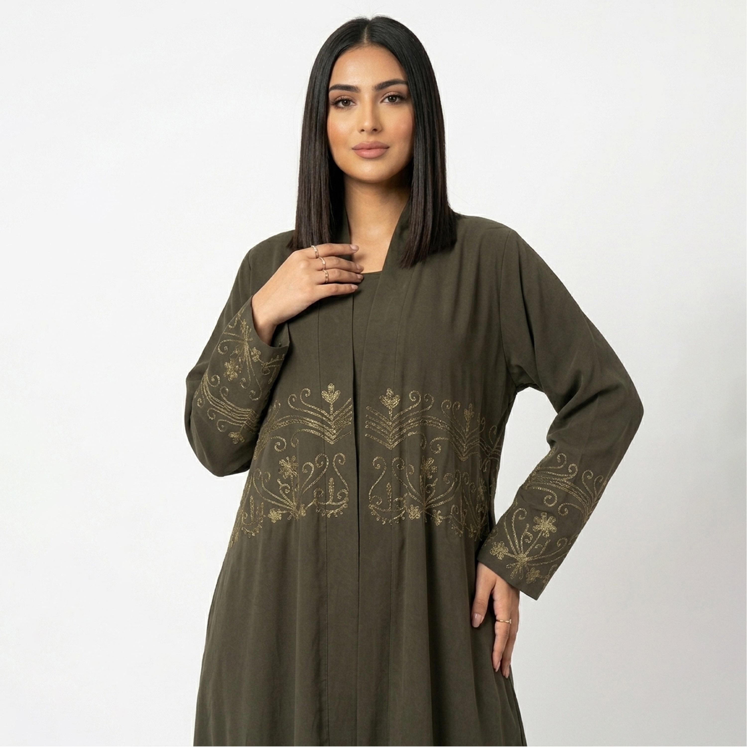 Hawraa Olive Embroidered Linen Women's Abaya-women-arabicclothing-abayas-image-2