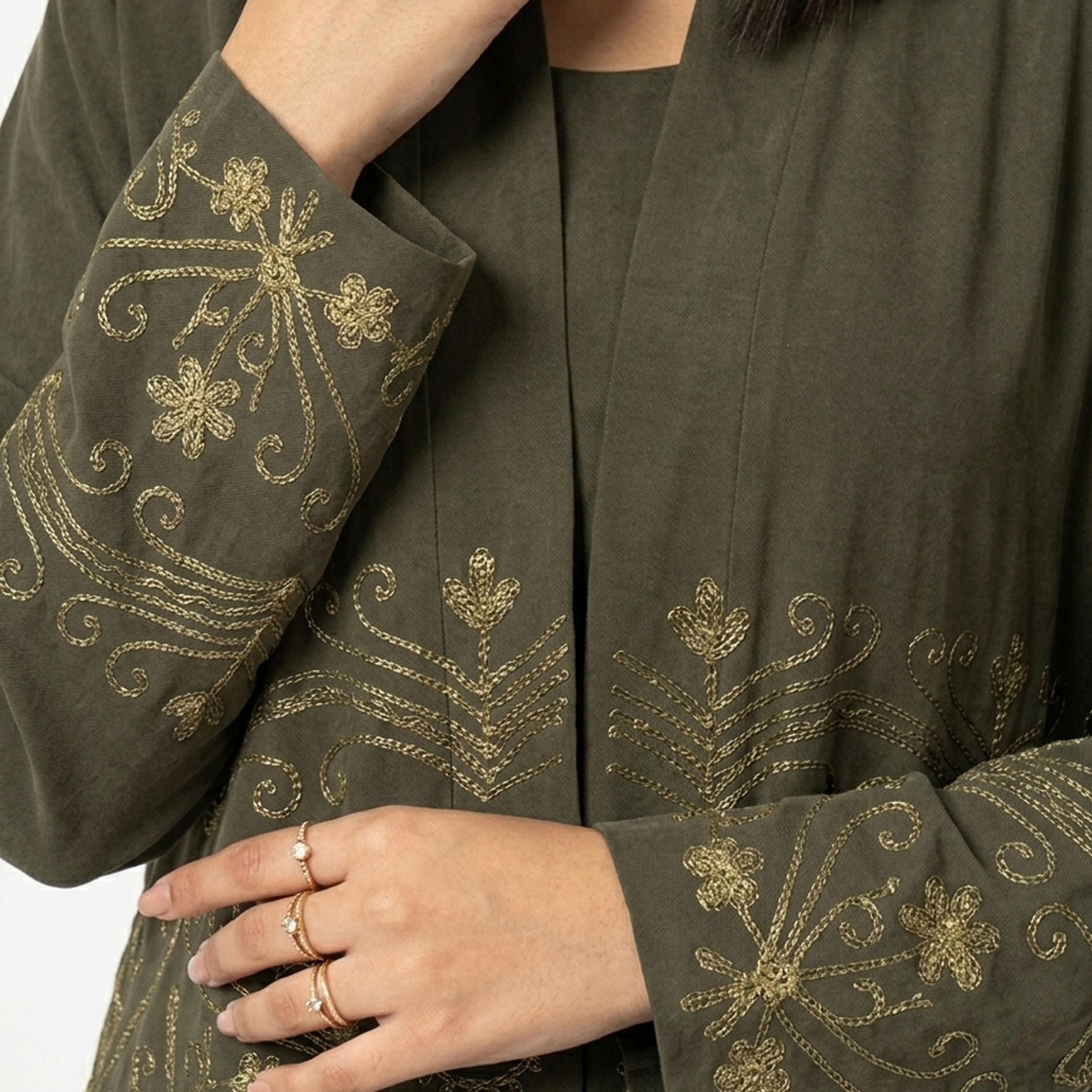 Hawraa Olive Embroidered Linen Women's Abaya-women-arabicclothing-abayas-image-3
