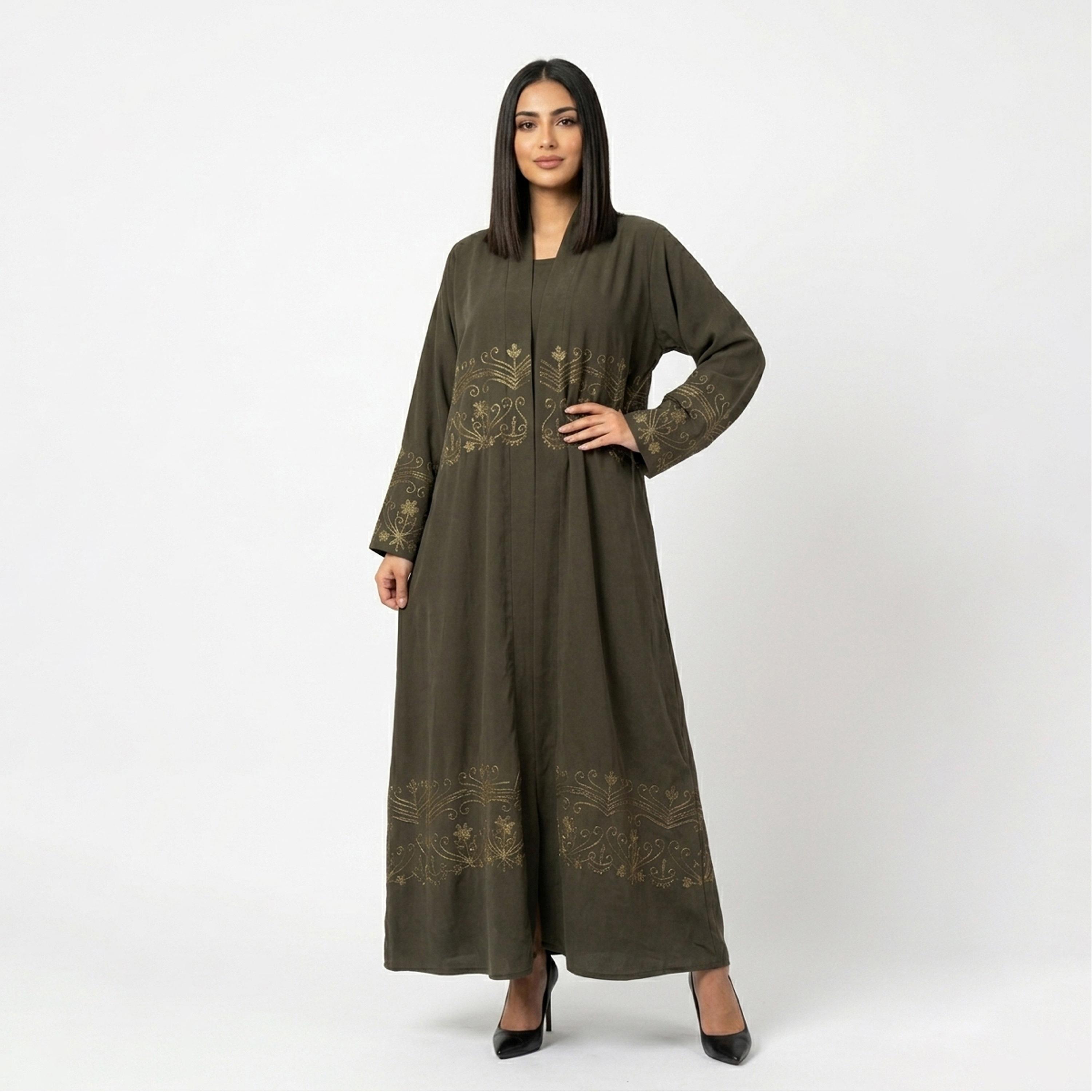Hawraa Olive Embroidered Linen Women's Abaya-women-arabicclothing-abayas-image-4