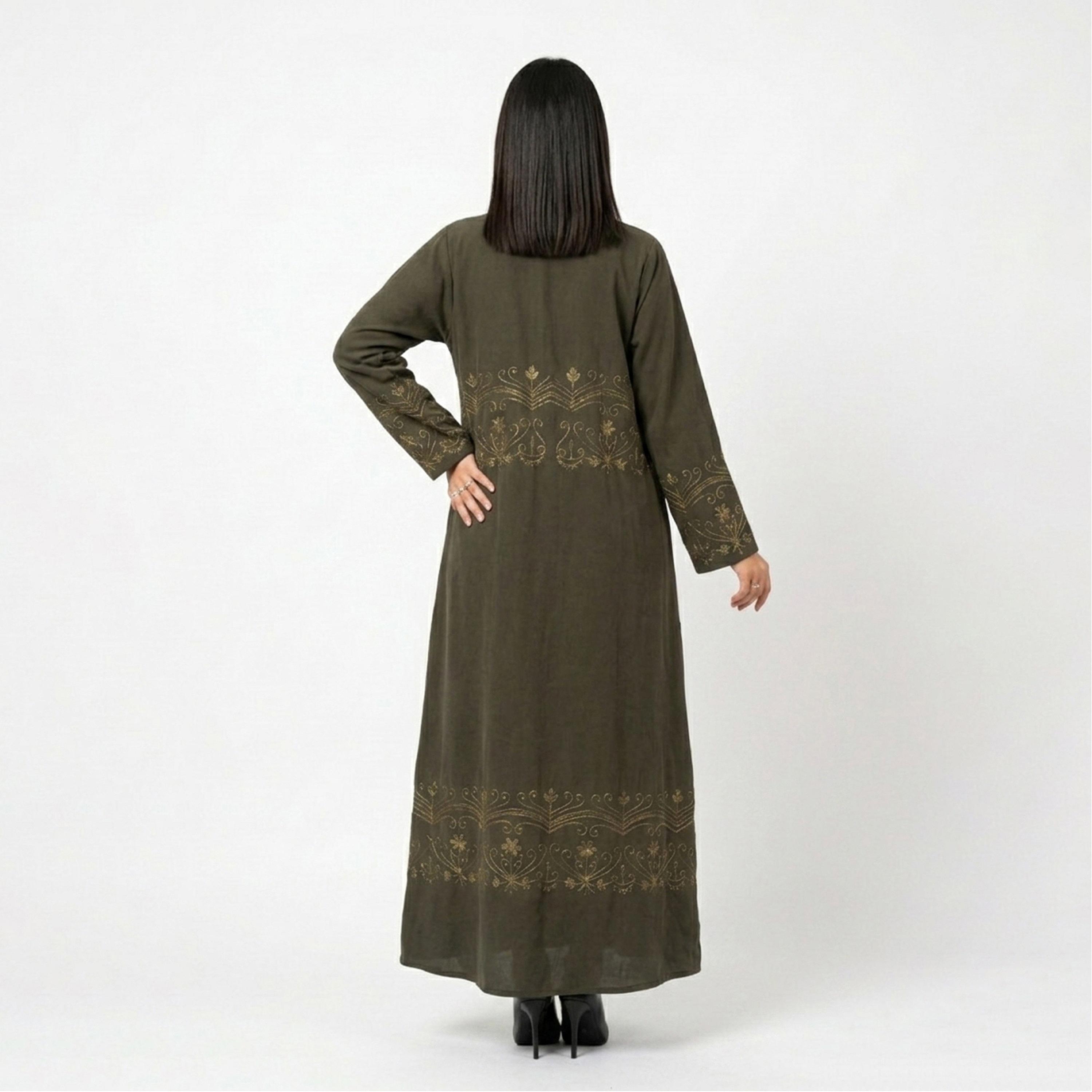 Hawraa Olive Embroidered Linen Women's Abaya-women-arabicclothing-abayas-image-5