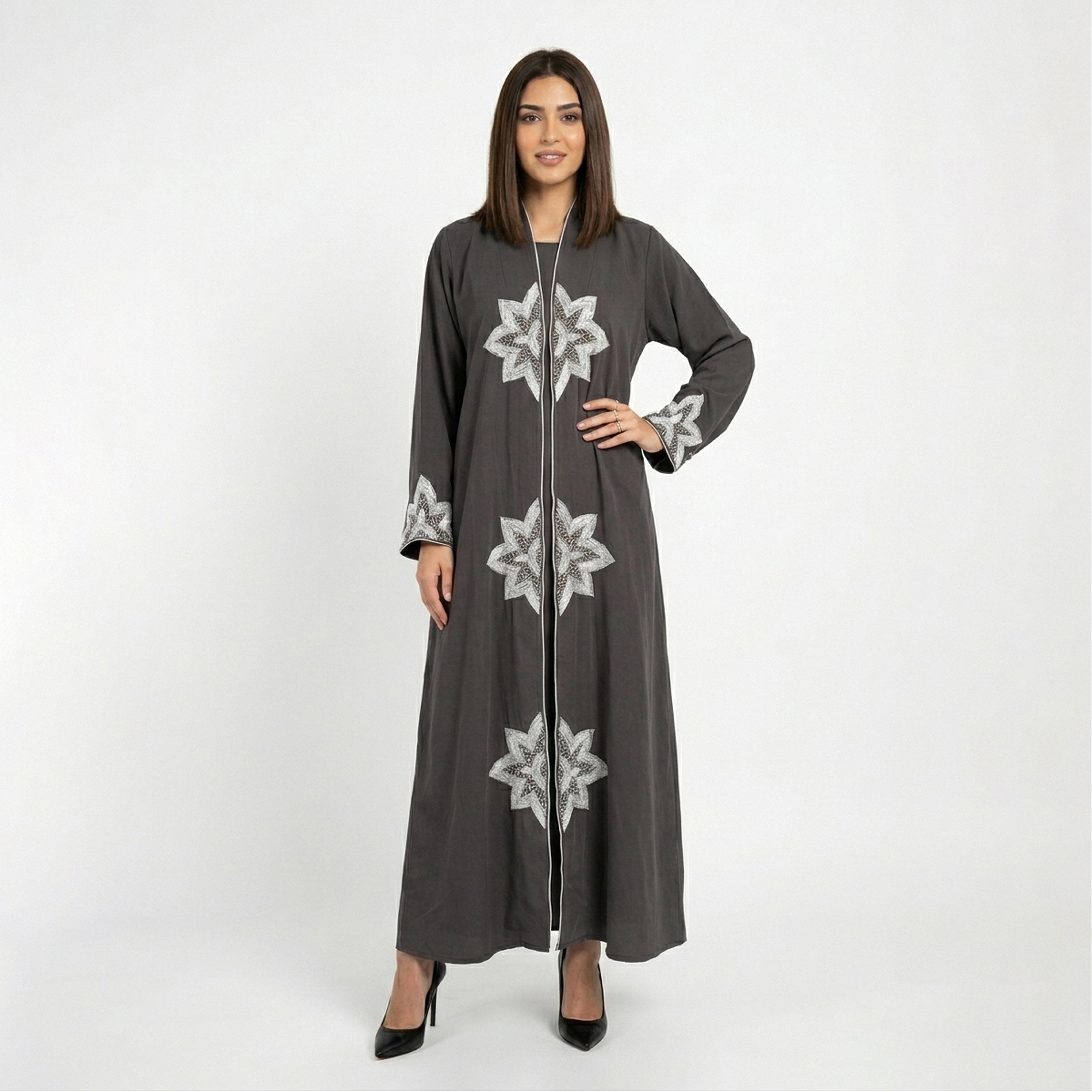 Hawraa Beads Detailed Linen Women's Abaya-women-arabicclothing-abayas-image-1