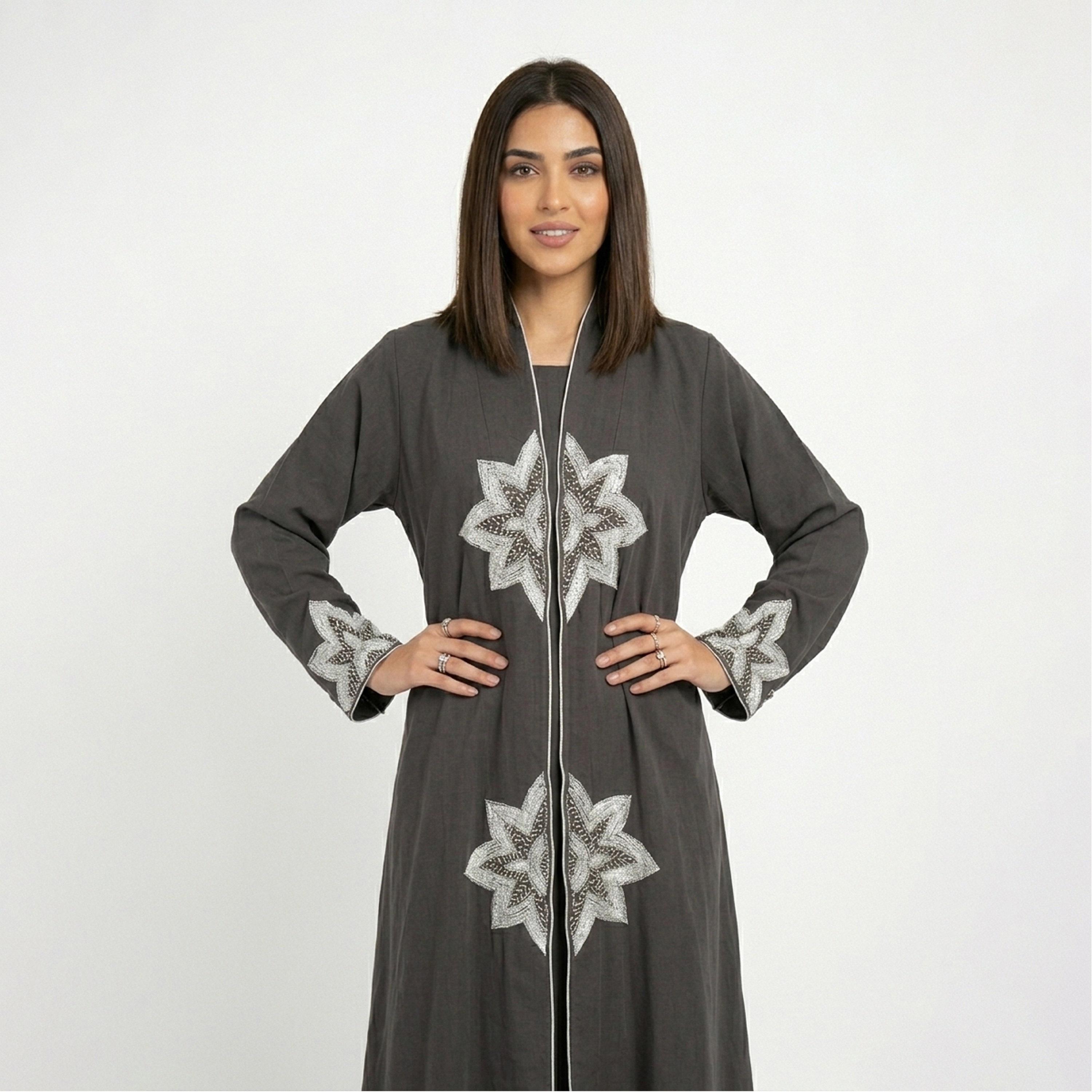 Hawraa Beads Detailed Linen Women's Abaya-women-arabicclothing-abayas-image-2