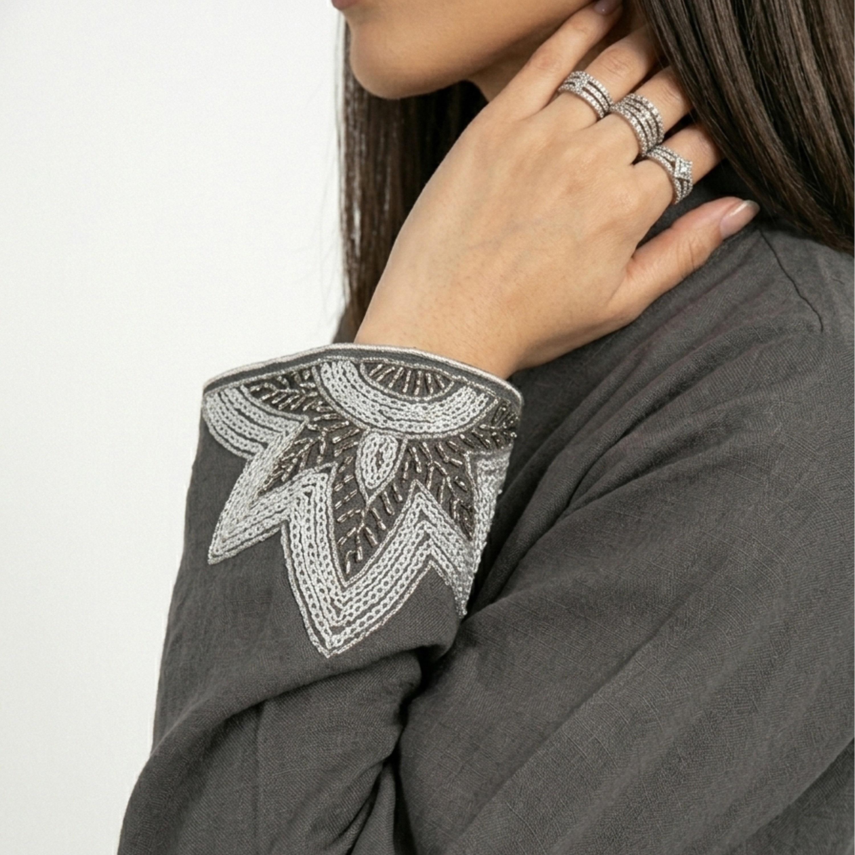 Hawraa Beads Detailed Linen Women's Abaya-women-arabicclothing-abayas-image-4