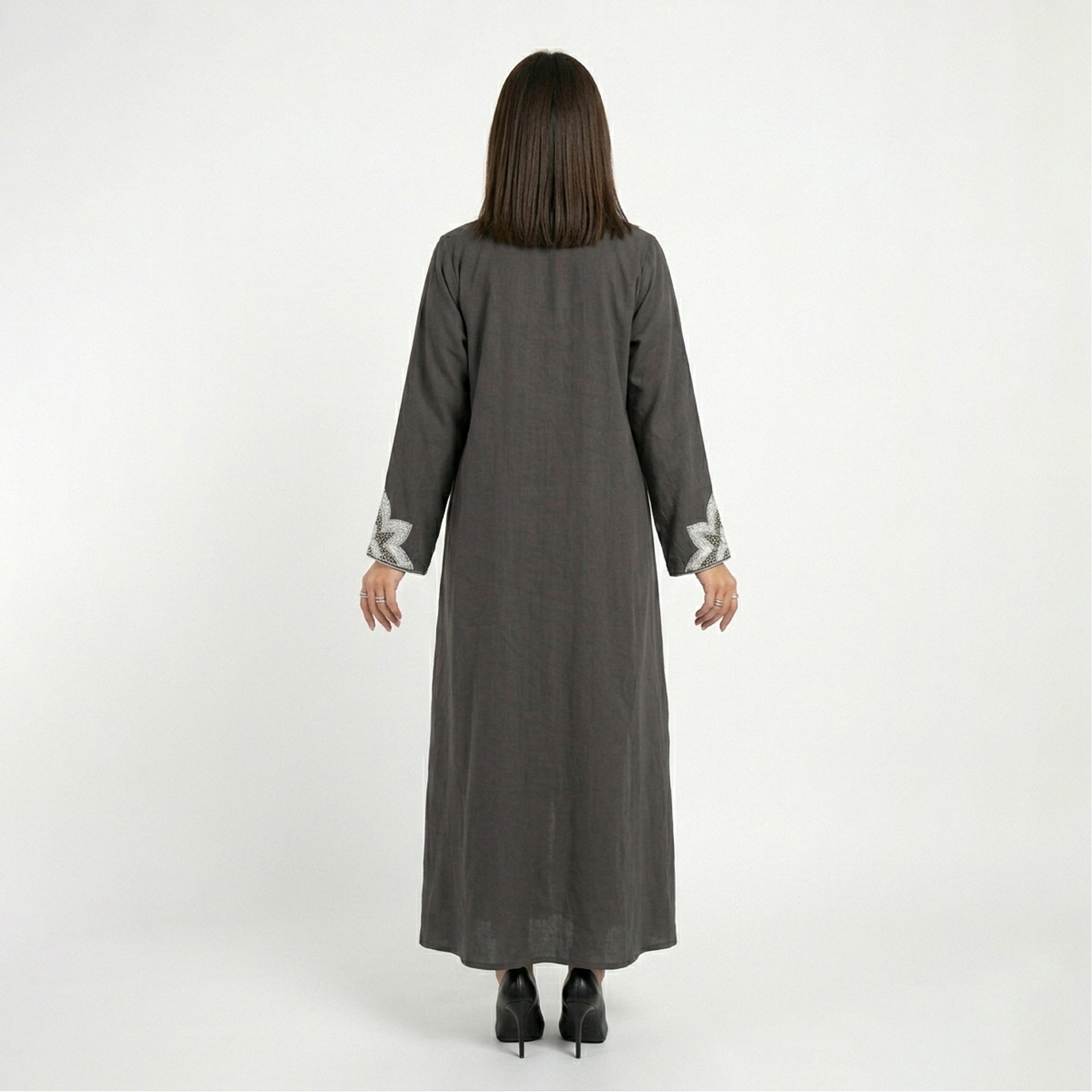 Hawraa Beads Detailed Linen Women's Abaya-women-arabicclothing-abayas-image-5