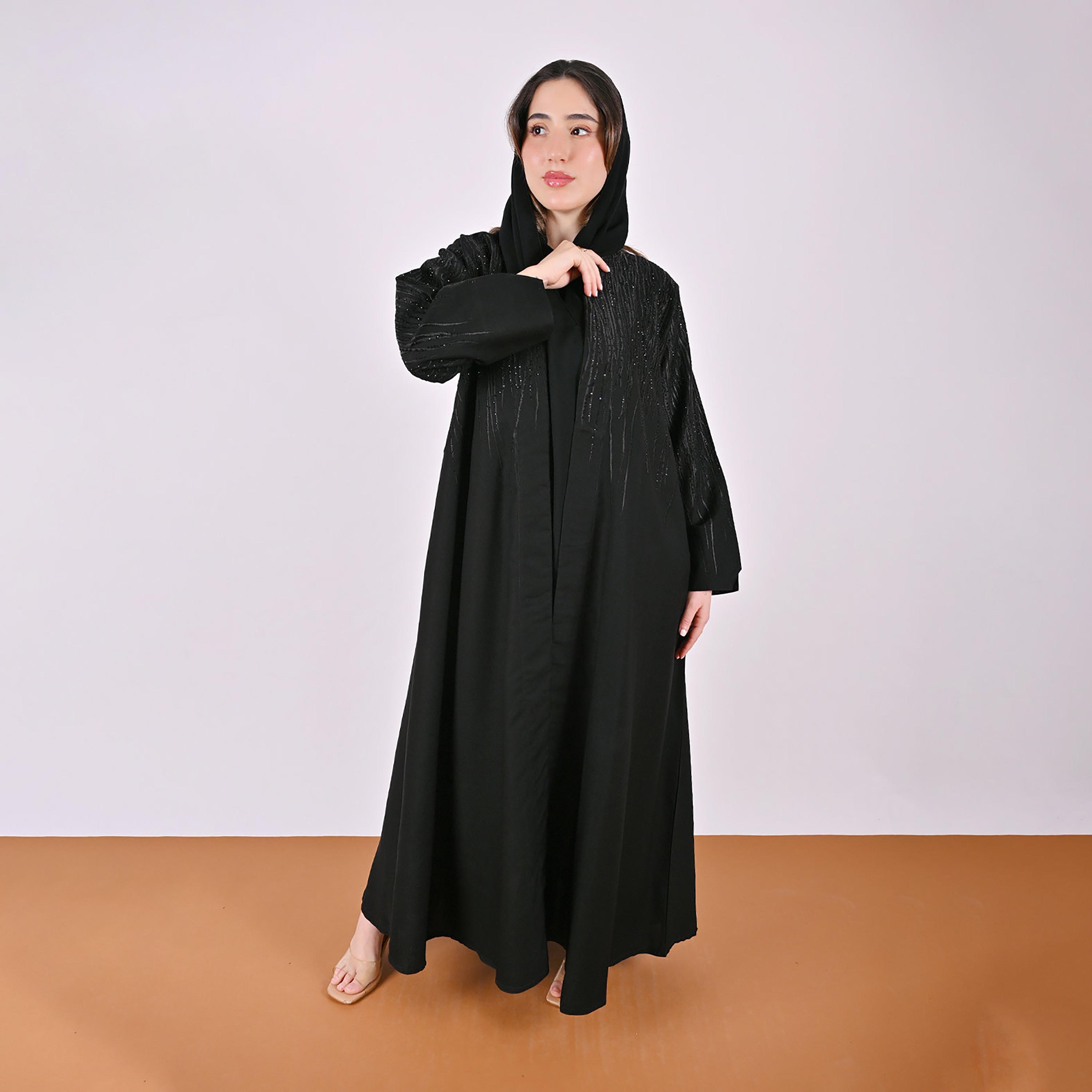 Hawraa Black Embroidered Linen Women's Abaya with Hijab-women-arabicclothing-abayas-image-1