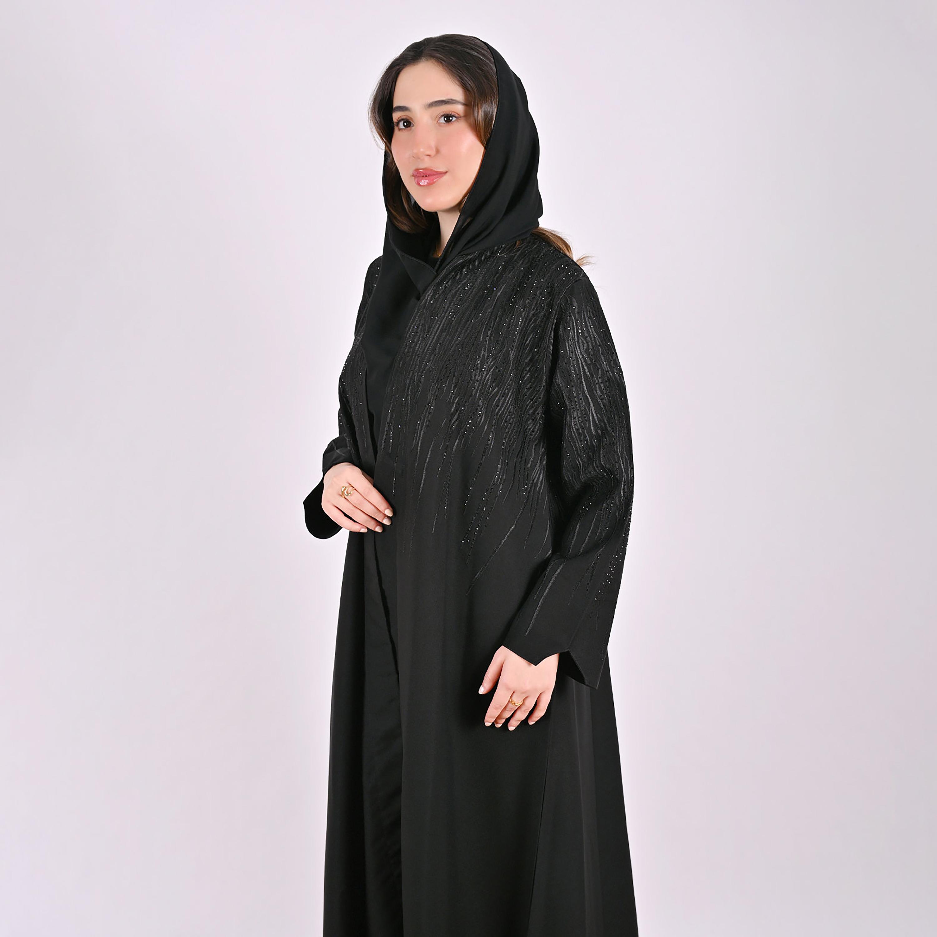 Hawraa Black Embroidered Linen Women's Abaya with Hijab-women-arabicclothing-abayas-image-2